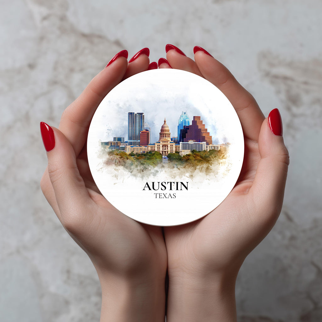 Austin Texas Coaster, Watercolor Personalized Painting, Travel Gift Souvenir, Home Decor, Ceramic Set