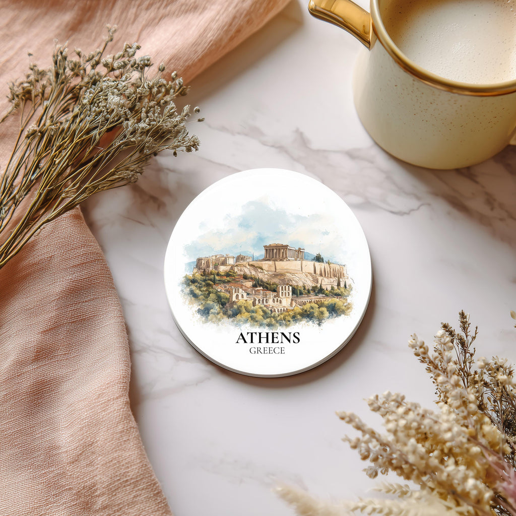 Athens Greece Coaster, Watercolor Personalized Painting, Travel Gift Souvenir, Home Decor, Ceramic Set