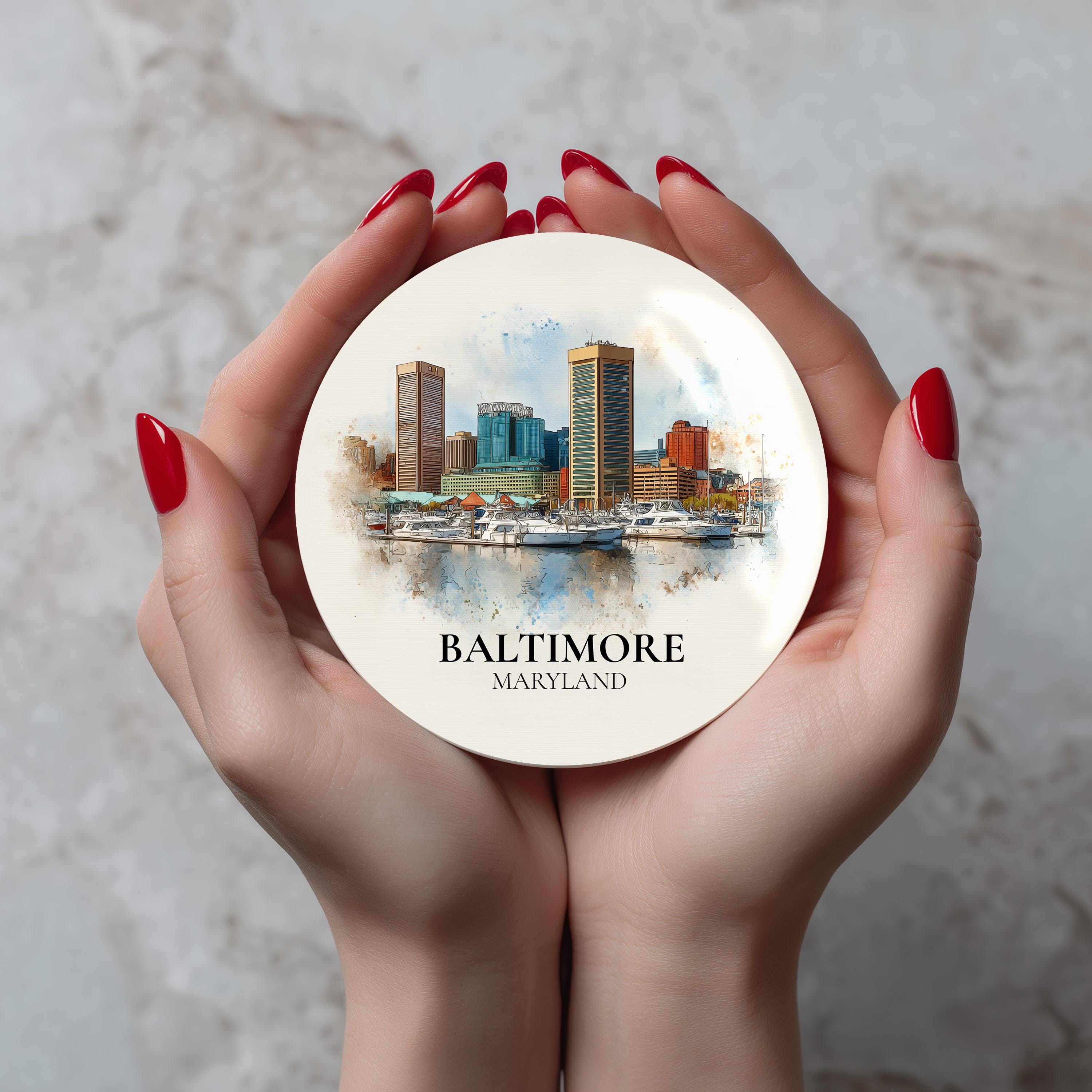 Baltimore Maryland Coaster, Watercolor Personalized Painting, Travel Gift Souvenir, Home Decor, Ceramic Set