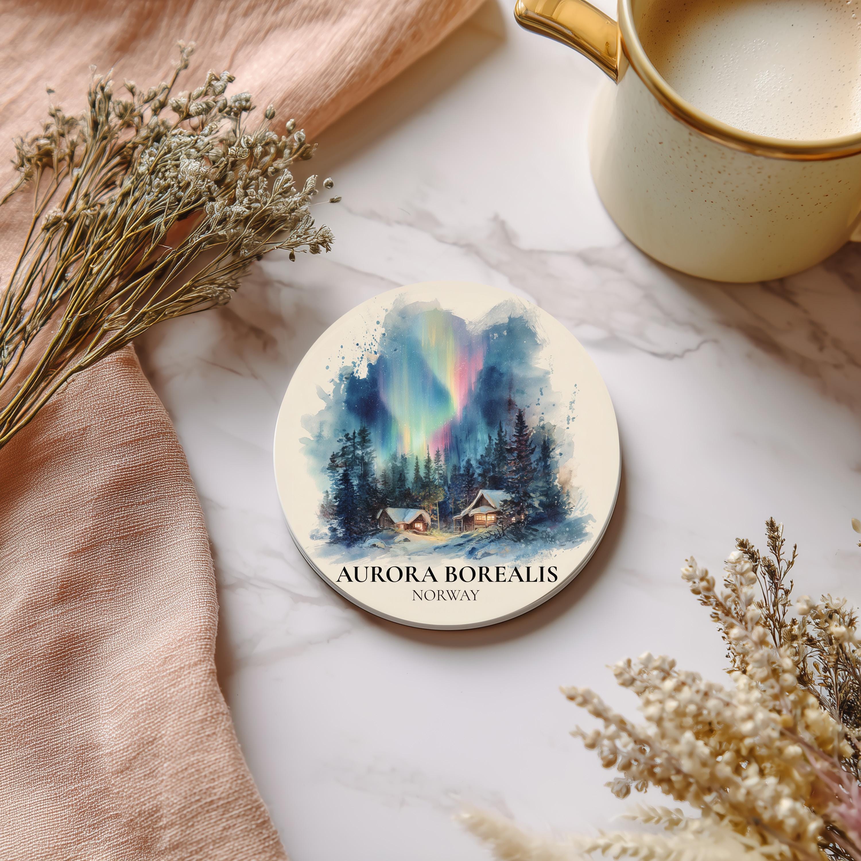 Aurora Borealis Norway Coaster, Watercolor Personalized Painting, Travel Gift Souvenir, Home Decor, Ceramic Set
