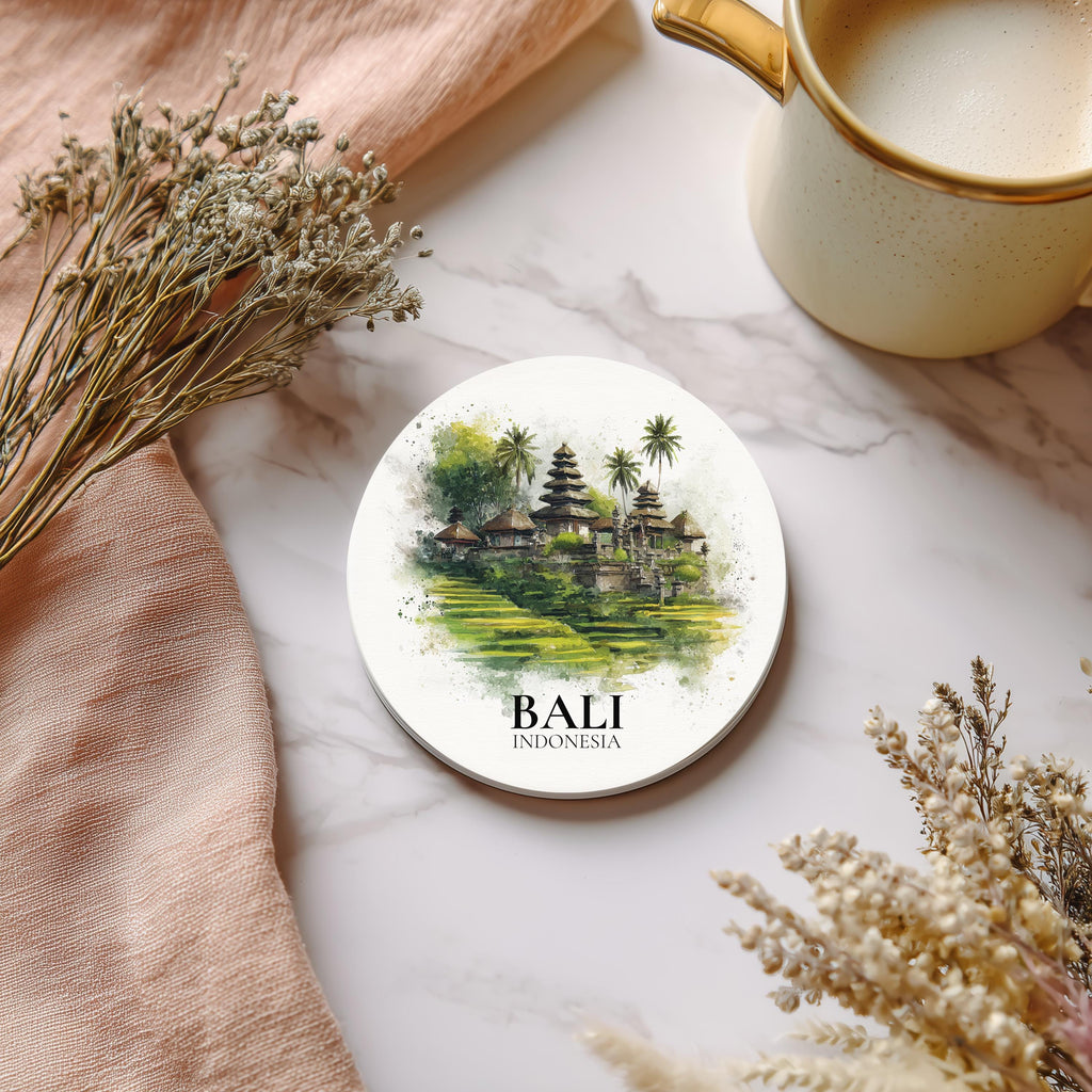 Bali Indonesia Coaster, Watercolor Personalized Painting, Travel Gift Souvenir, Home Decor, Ceramic Set