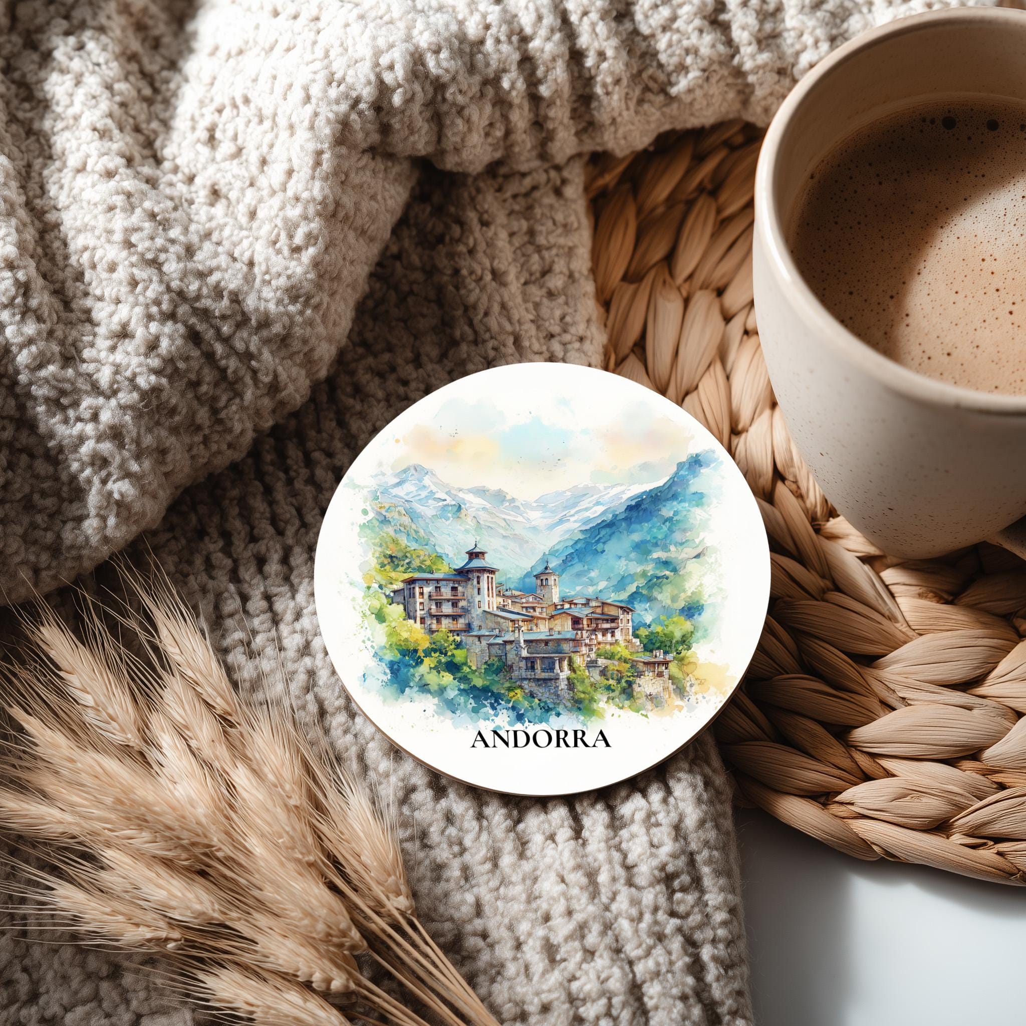 Andorra la Vella Andorra Coaster, Watercolor Personalized Painting, Travel Gift Souvenir, Home Decor, Ceramic Set