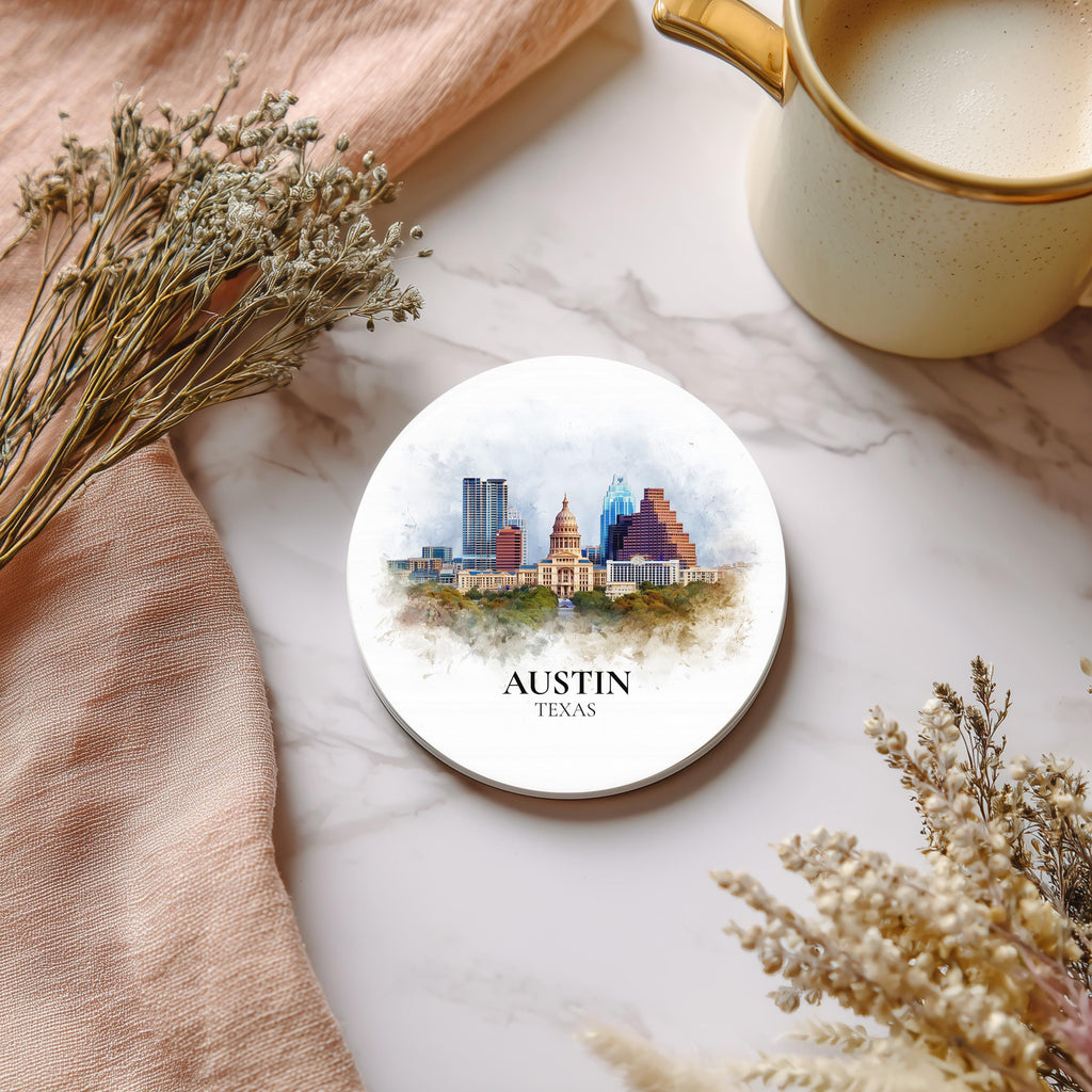 Austin Texas Coaster, Watercolor Personalized Painting, Travel Gift Souvenir, Home Decor, Ceramic Set