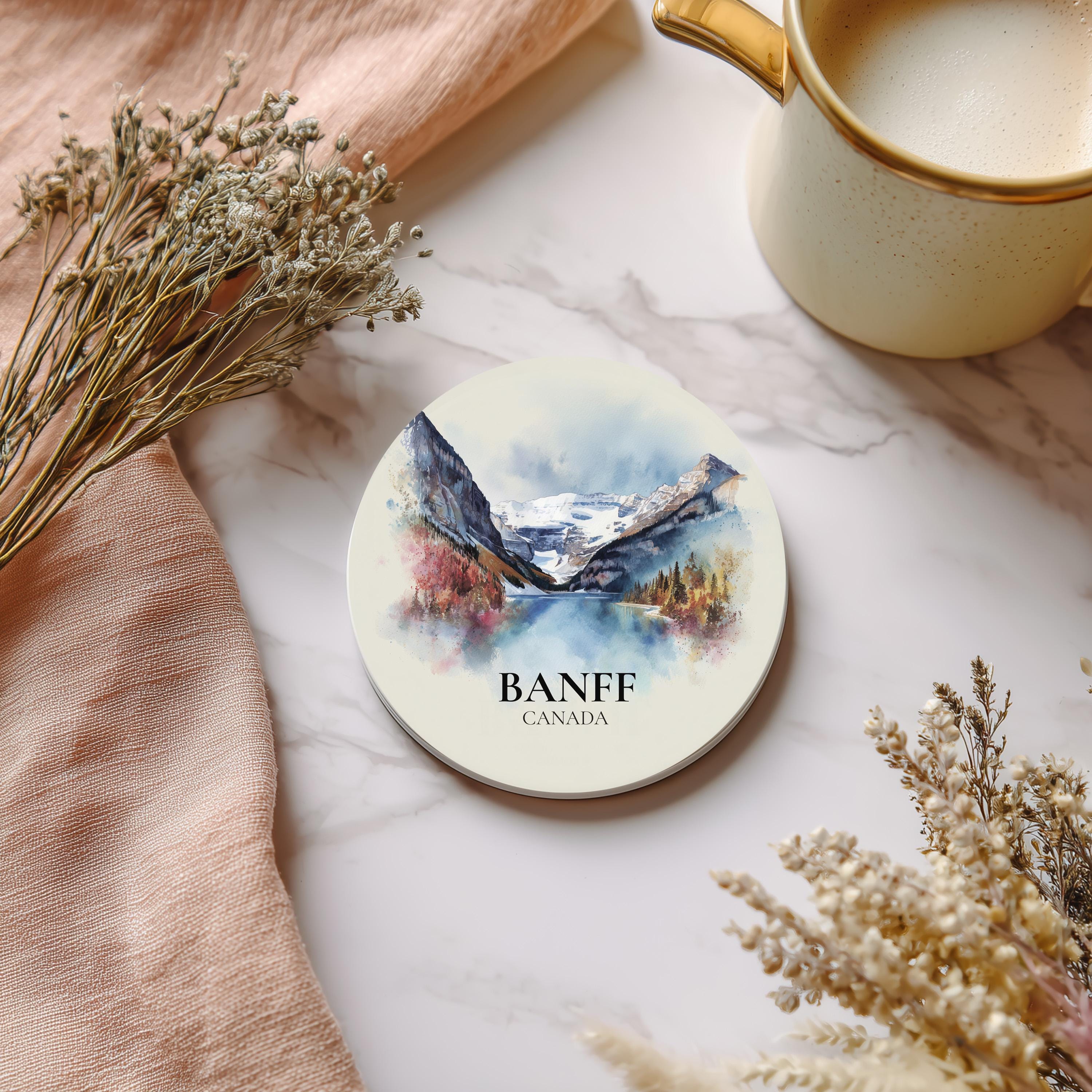 Banff National Park Canada Coaster, Watercolor Personalized Painting, Travel Gift Souvenir, Home Decor, Ceramic Set