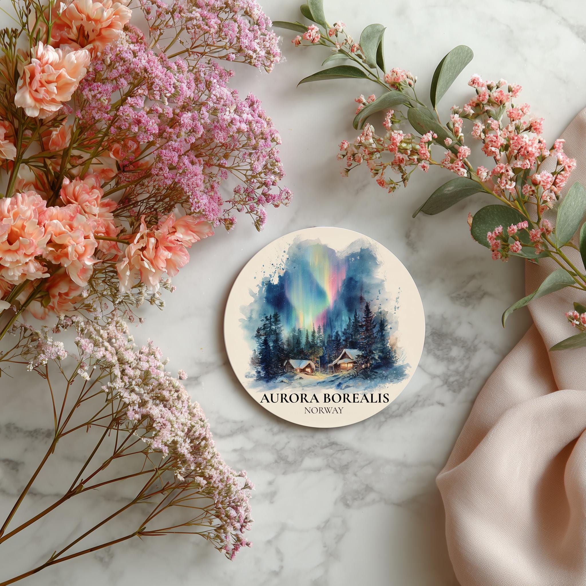 Aurora Borealis Norway Coaster, Watercolor Personalized Painting, Travel Gift Souvenir, Home Decor, Ceramic Set