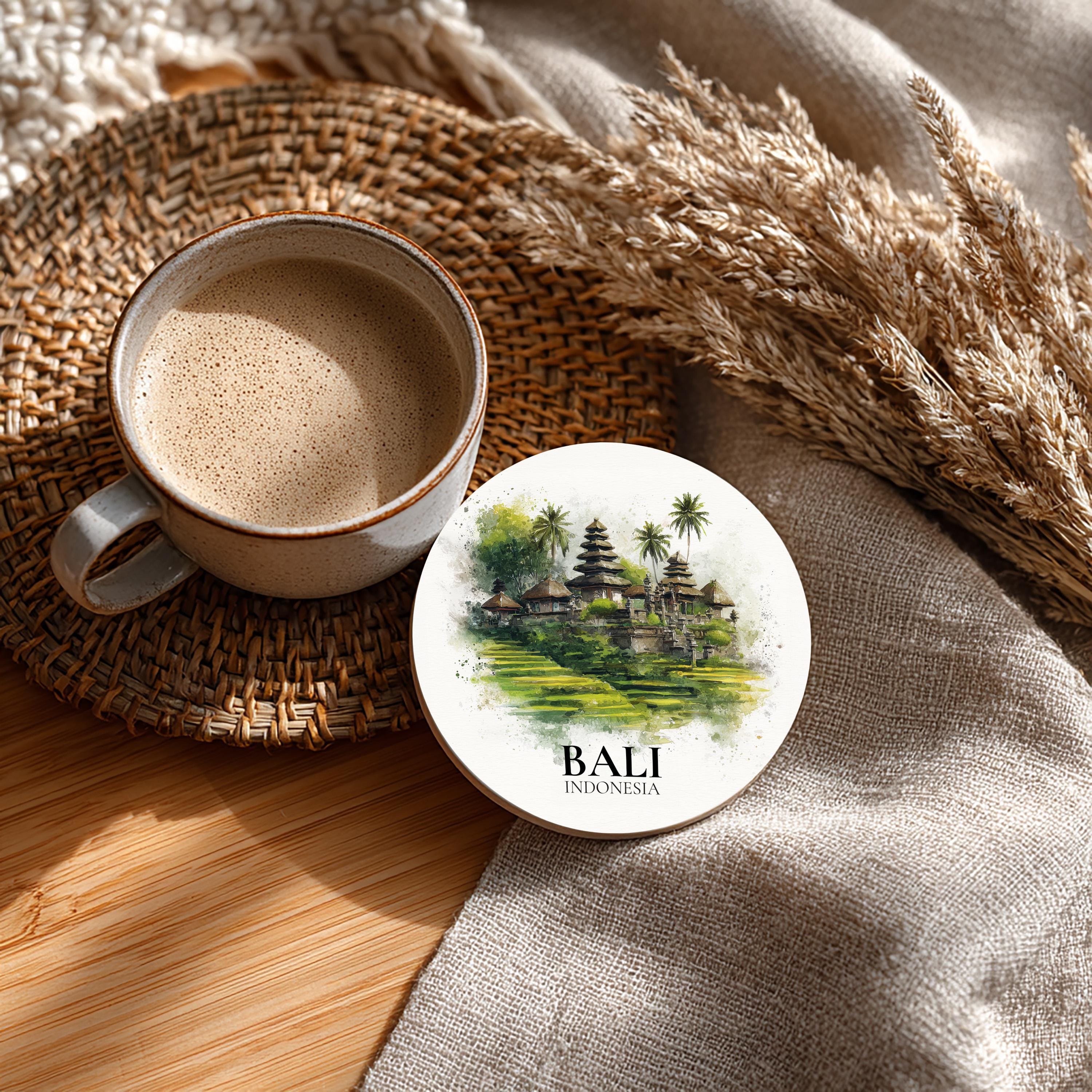 Bali Indonesia Coaster, Watercolor Personalized Painting, Travel Gift Souvenir, Home Decor, Ceramic Set