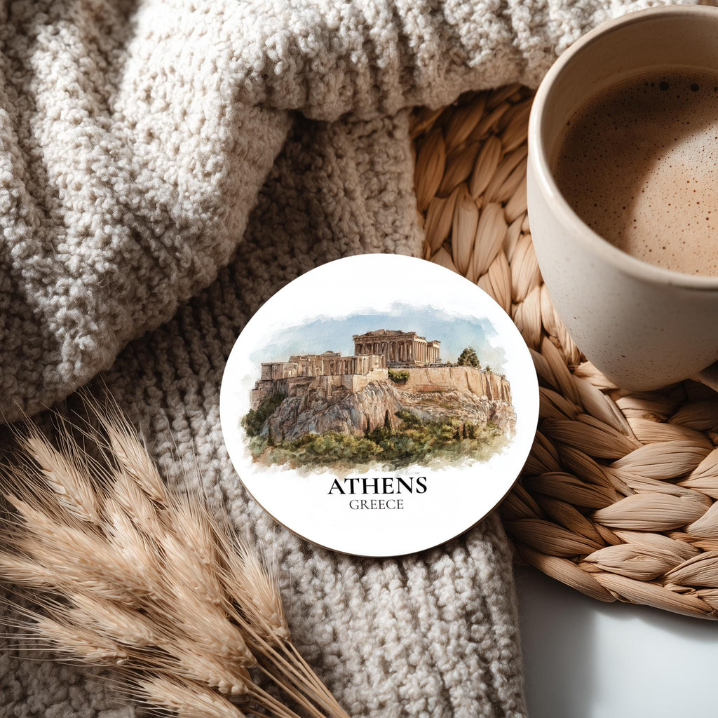 Athens Greece2 Coaster, Watercolor Personalized Painting, Travel Gift Souvenir, Home Decor, Ceramic Set