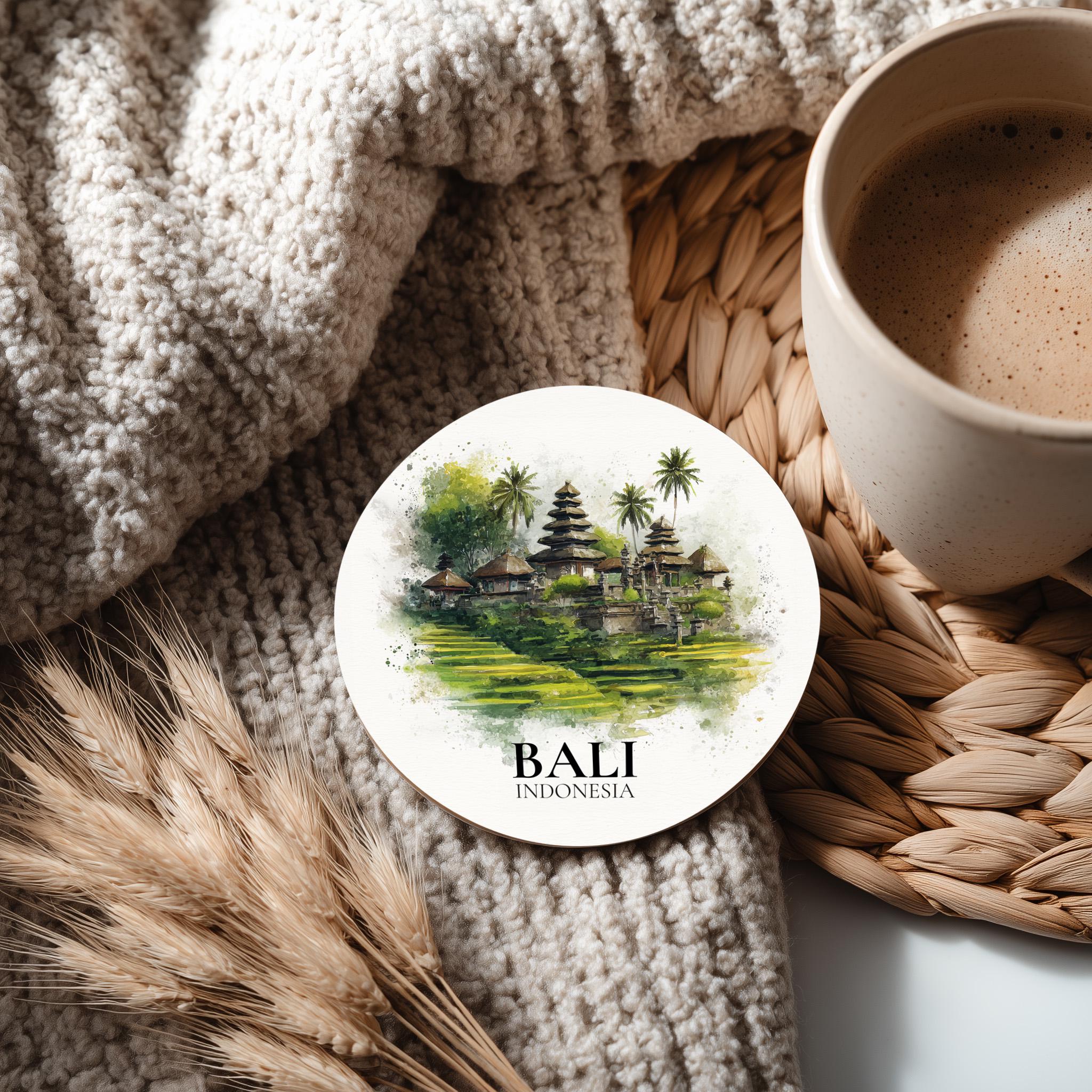 Bali Indonesia Coaster, Watercolor Personalized Painting, Travel Gift Souvenir, Home Decor, Ceramic Set