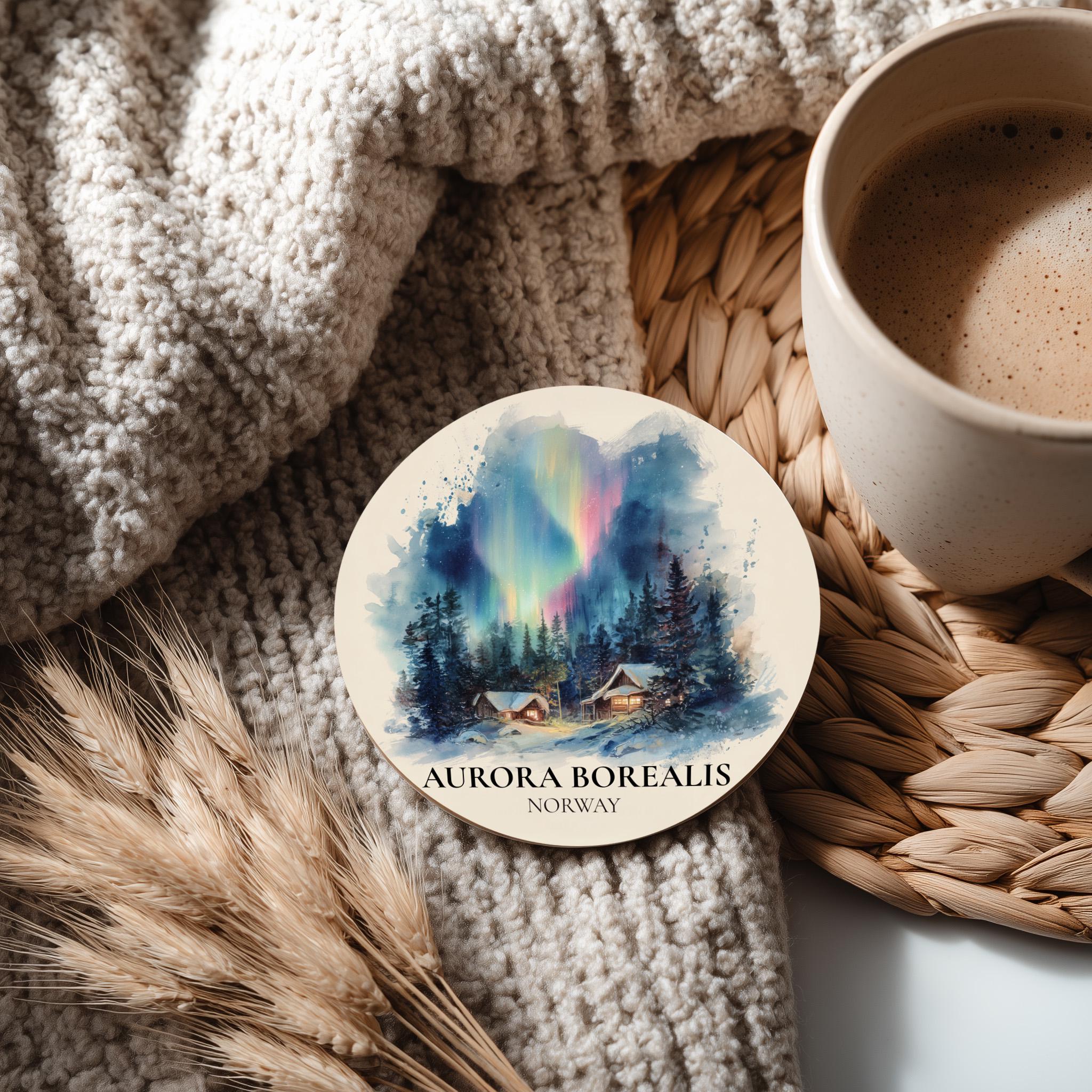 Aurora Borealis Norway Coaster, Watercolor Personalized Painting, Travel Gift Souvenir, Home Decor, Ceramic Set