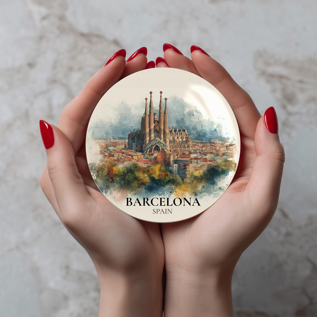 Barcelona Spain Coaster, Watercolor Personalized Painting, Travel Gift Souvenir, Home Decor, Ceramic Set