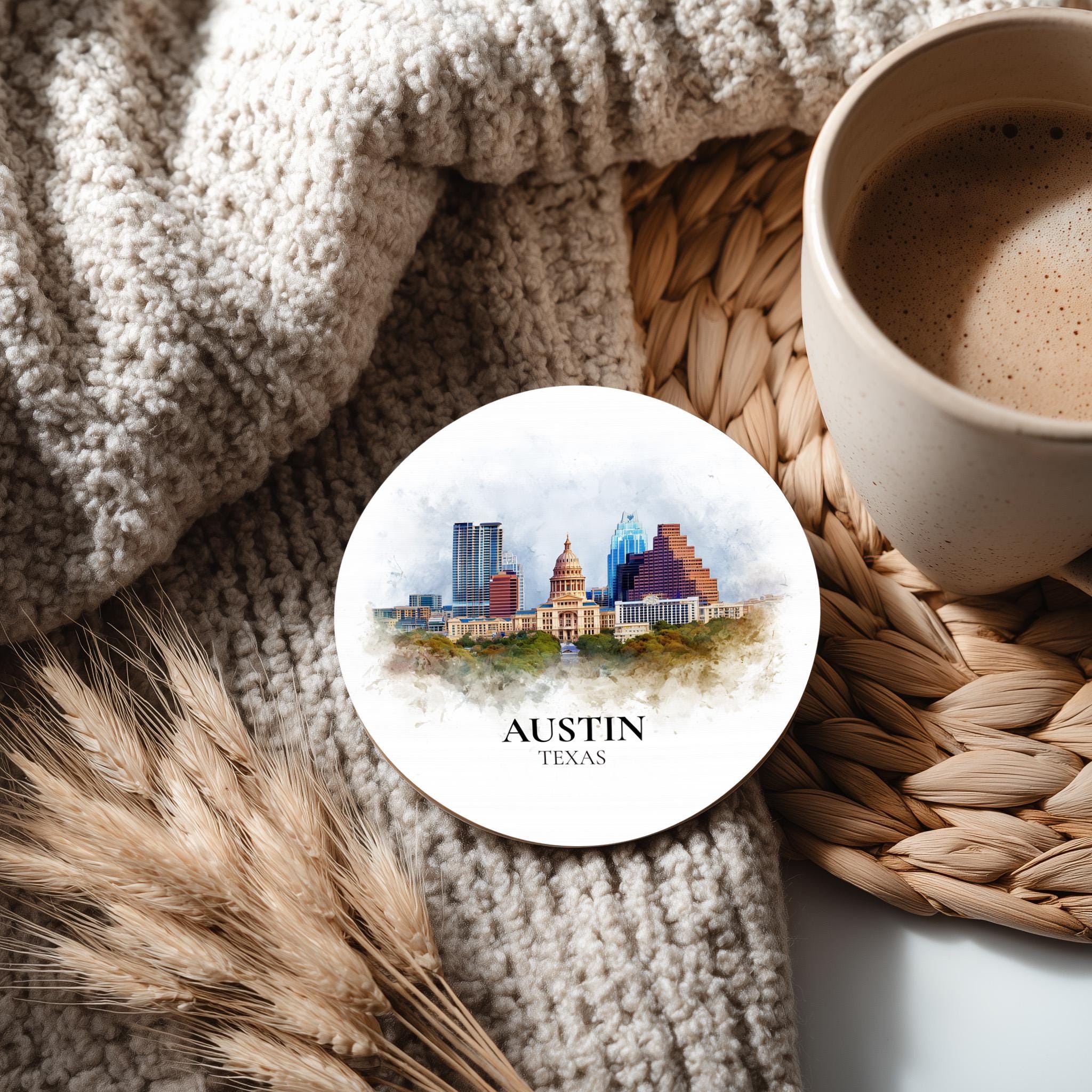 Austin Texas Coaster, Watercolor Personalized Painting, Travel Gift Souvenir, Home Decor, Ceramic Set