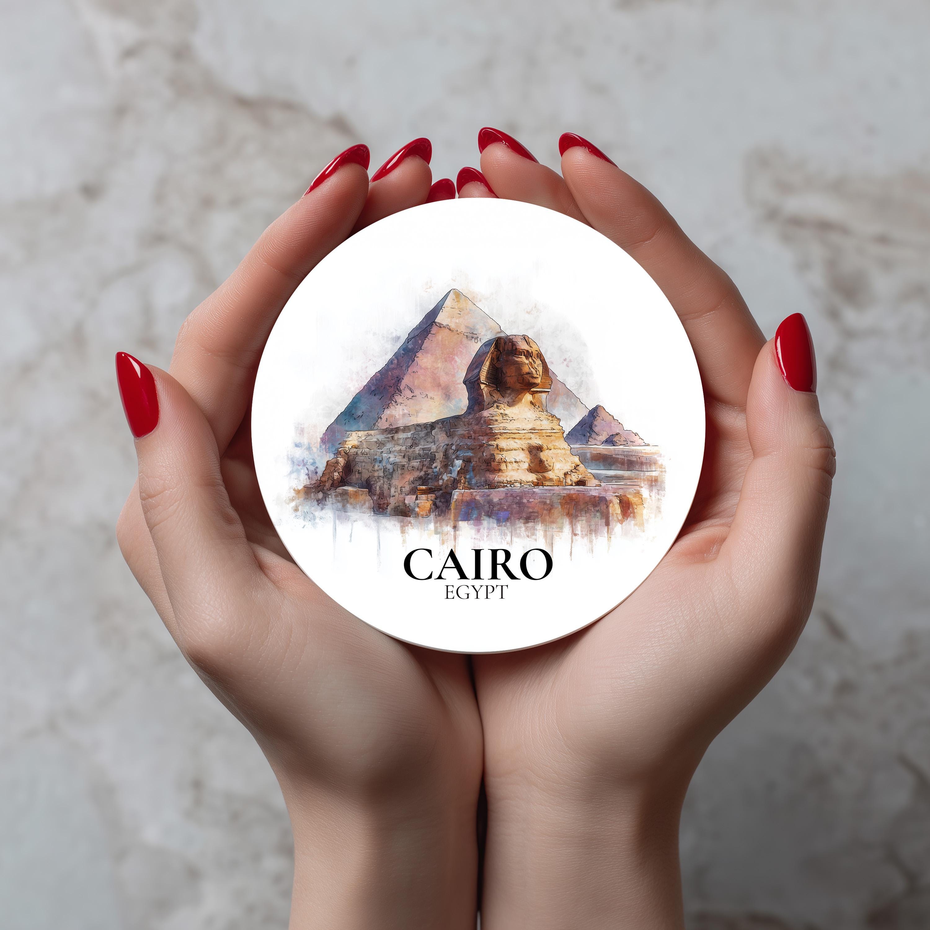 Cairo Egypt Coaster, Watercolor Personalized Painting, Travel Gift Souvenir, Home Decor, Ceramic Set