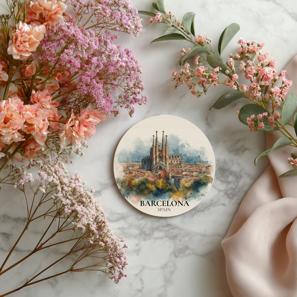 Barcelona Spain Coaster, Watercolor Personalized Painting, Travel Gift Souvenir, Home Decor, Ceramic Set