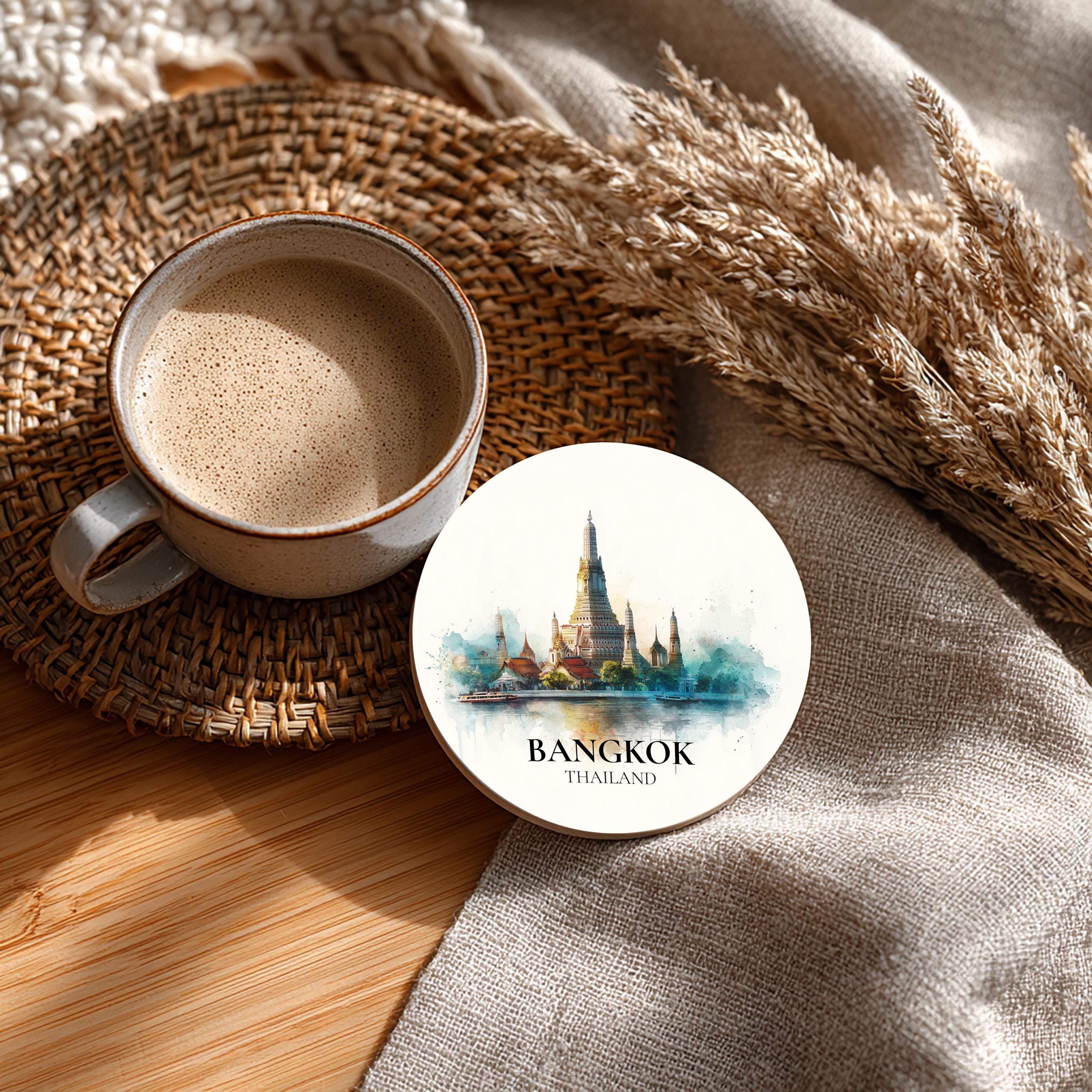 Bangkok Thailand Coaster, Watercolor Personalized Painting, Travel Gift Souvenir, Home Decor, Ceramic Set