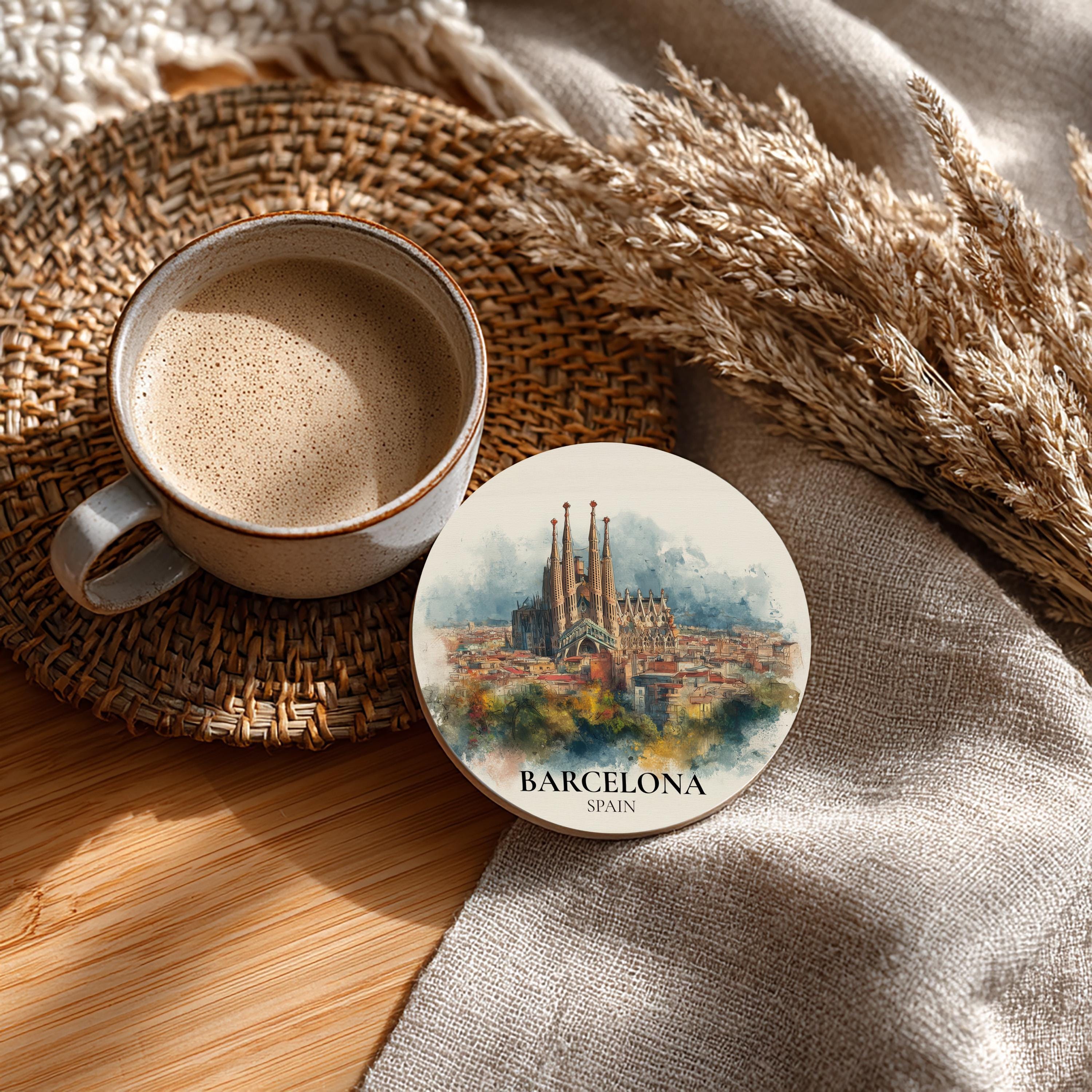 Barcelona Spain Coaster, Watercolor Personalized Painting, Travel Gift Souvenir, Home Decor, Ceramic Set
