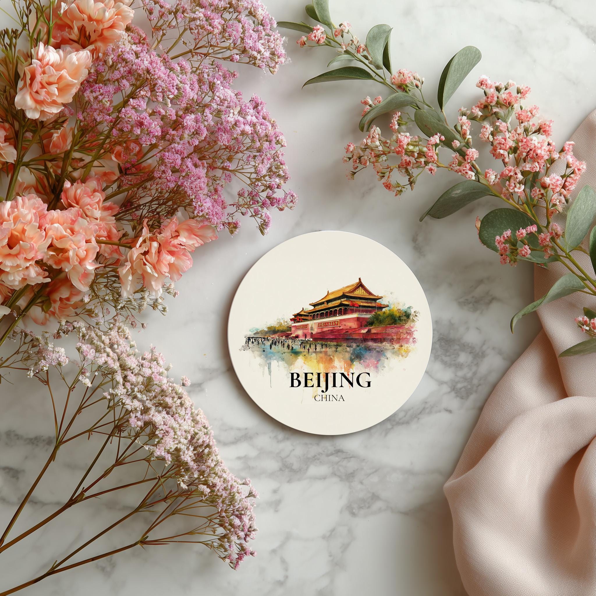 Beijing China Coaster, Watercolor Personalized Painting, Travel Gift Souvenir, Home Decor, Ceramic Set