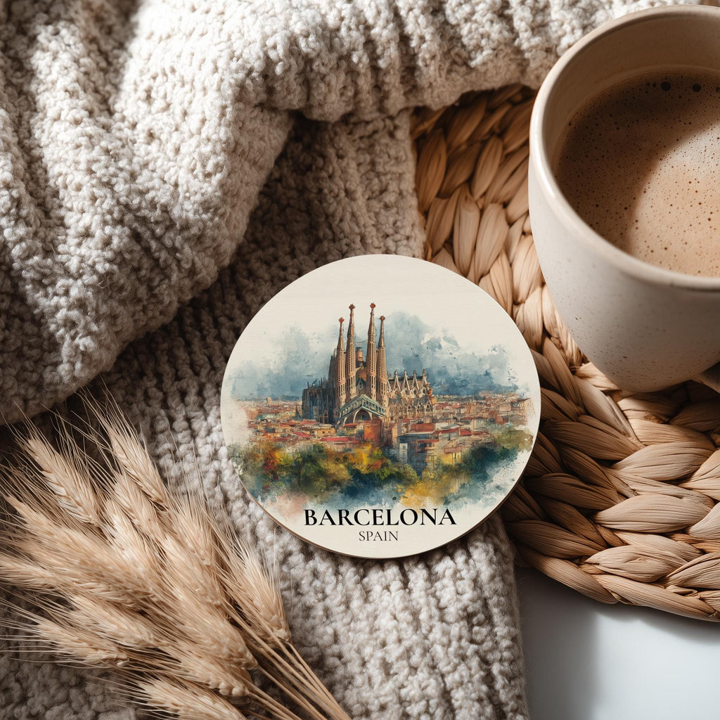 Barcelona Spain Coaster, Watercolor Personalized Painting, Travel Gift Souvenir, Home Decor, Ceramic Set