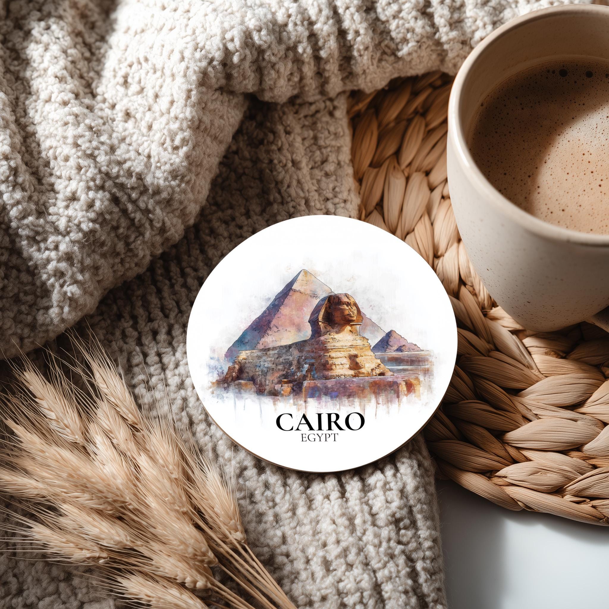 Cairo Egypt Coaster, Watercolor Personalized Painting, Travel Gift Souvenir, Home Decor, Ceramic Set