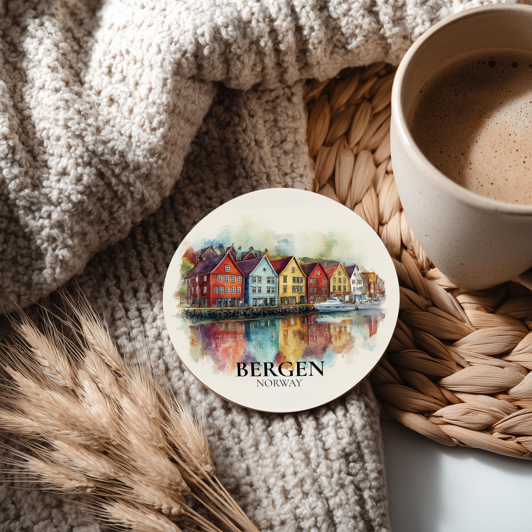 Bergen Norway Coaster, Watercolor Personalized Painting, Travel Gift Souvenir, Home Decor, Ceramic Set