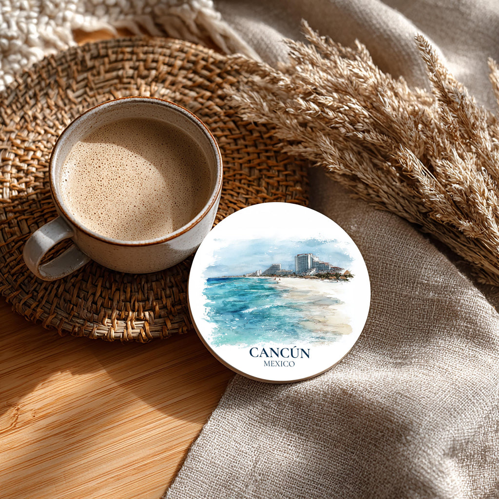 Cancun Mexico Coaster, Watercolor Personalized Painting, Travel Gift Souvenir, Home Decor, Ceramic Set