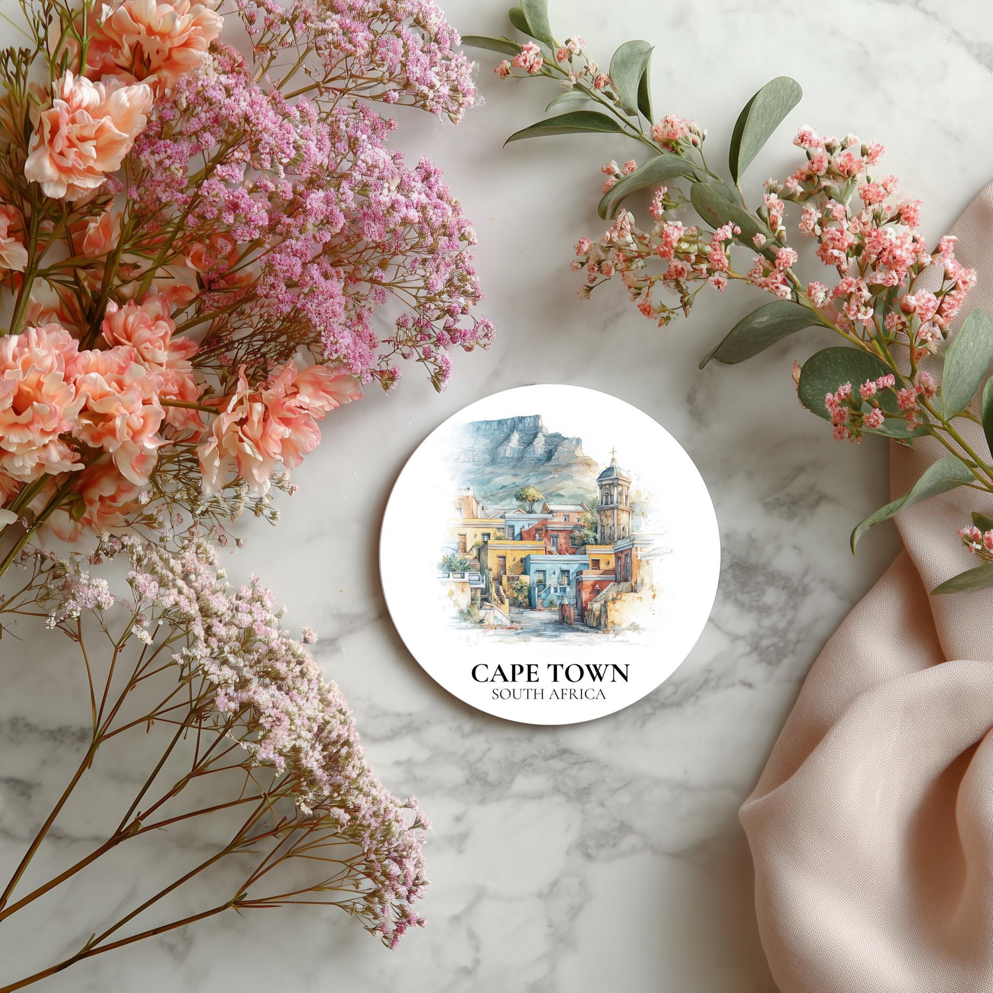 Cape Town South Africa2 Coaster, Watercolor Personalized Painting, Travel Gift Souvenir, Home Decor, Ceramic Set