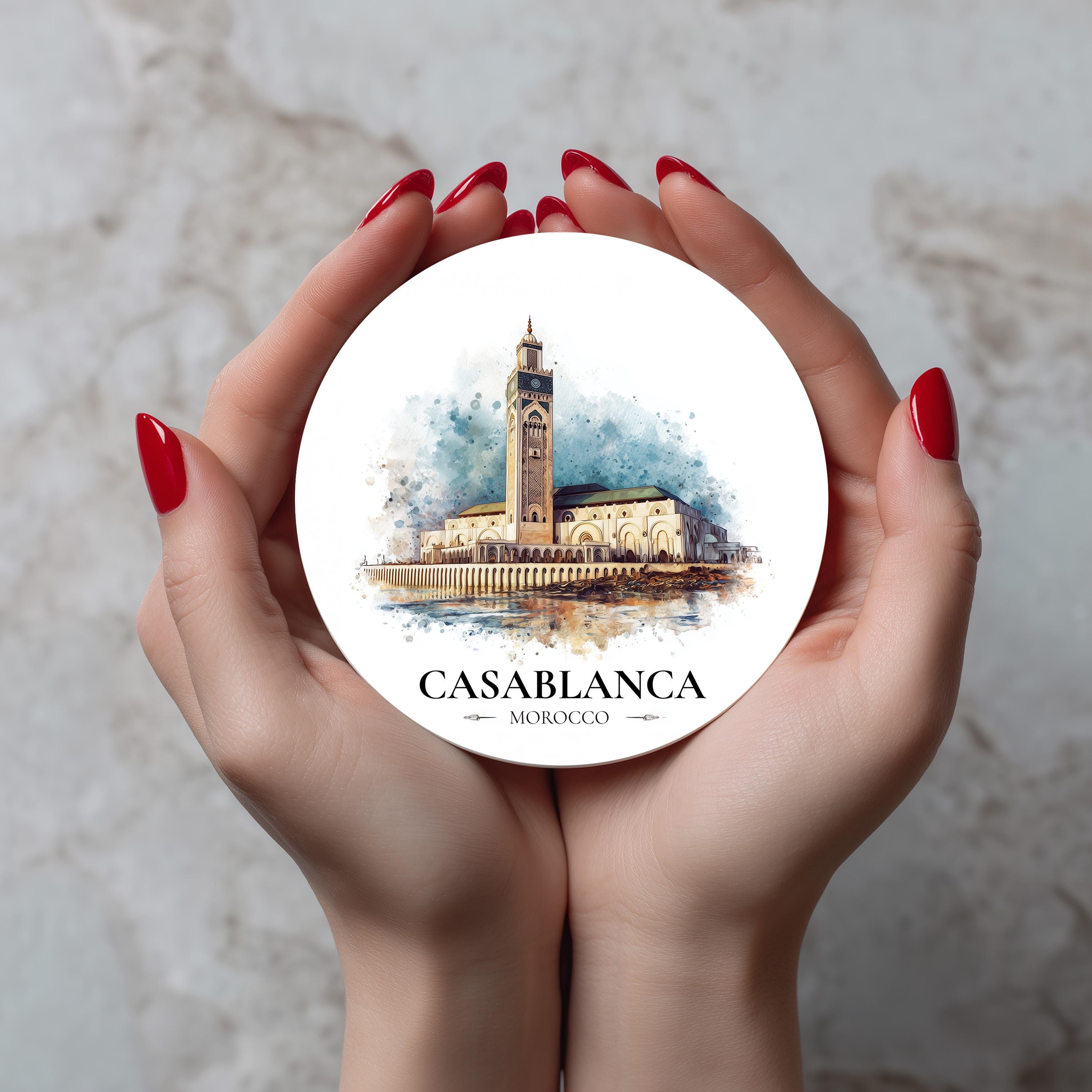 Casablanca Morocco Coaster, Watercolor Personalized Painting, Travel Gift Souvenir, Home Decor, Ceramic Set