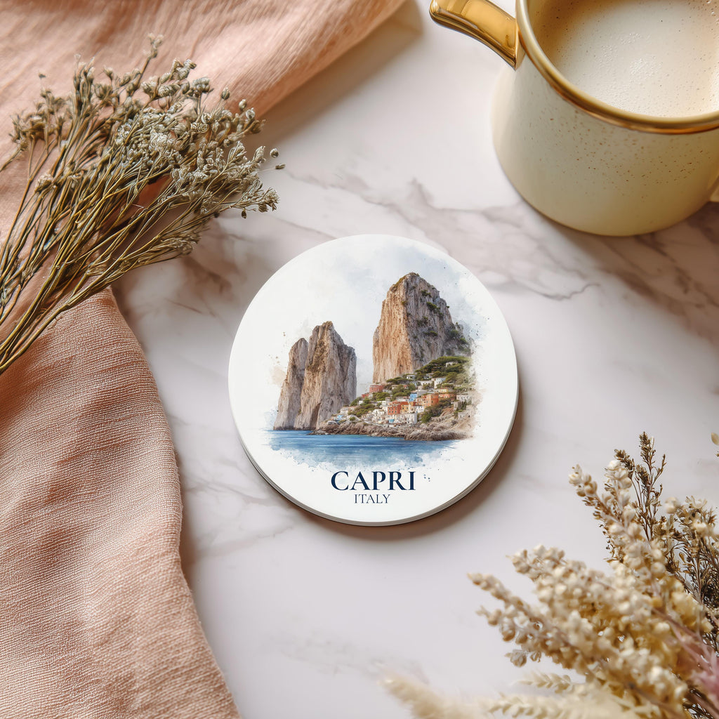 Capri Italy Coaster, Watercolor Personalized Painting, Travel Gift Souvenir, Home Decor, Ceramic Set