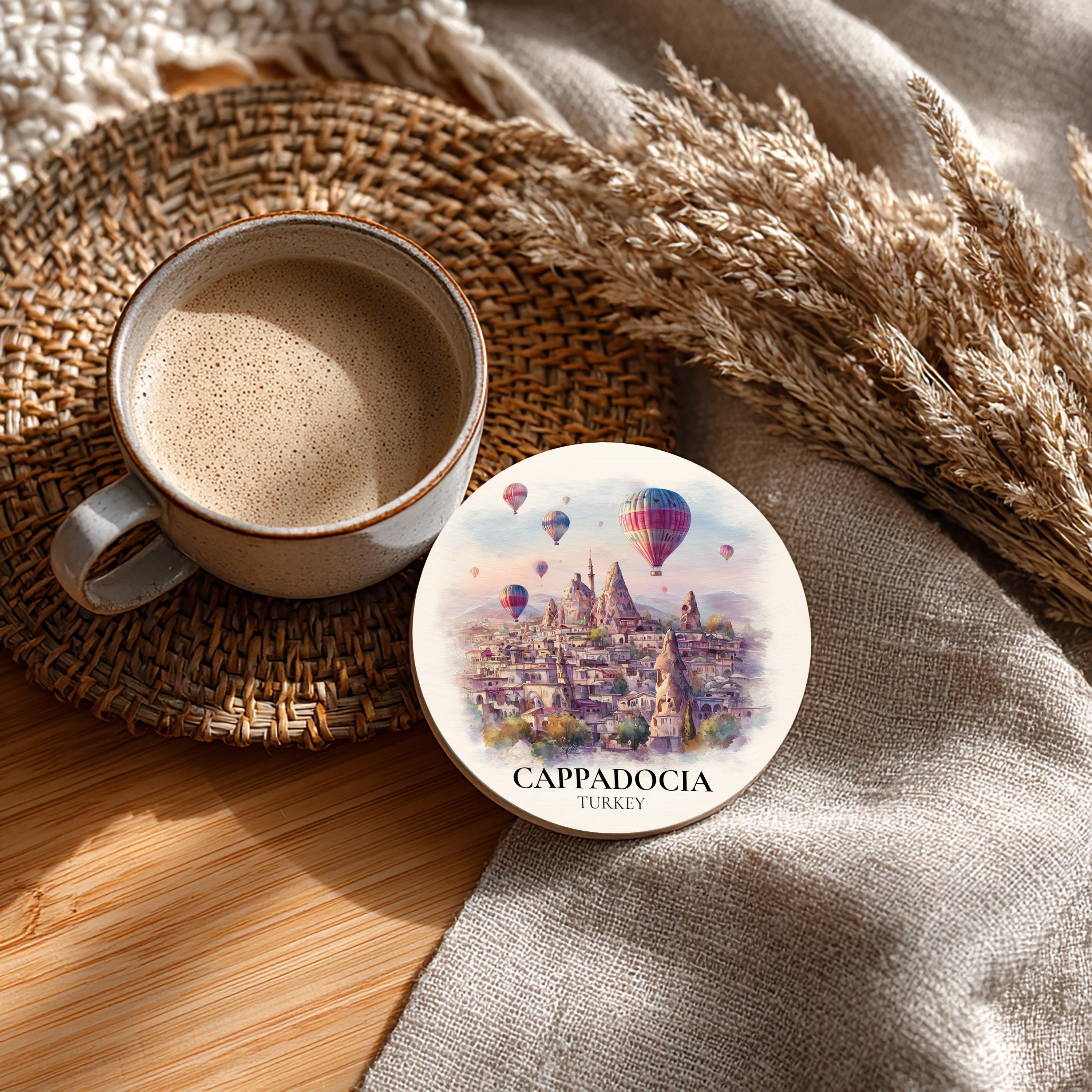 Cappadocia Turkey Coaster, Watercolor Personalized Painting, Travel Gift Souvenir, Home Decor, Ceramic Set