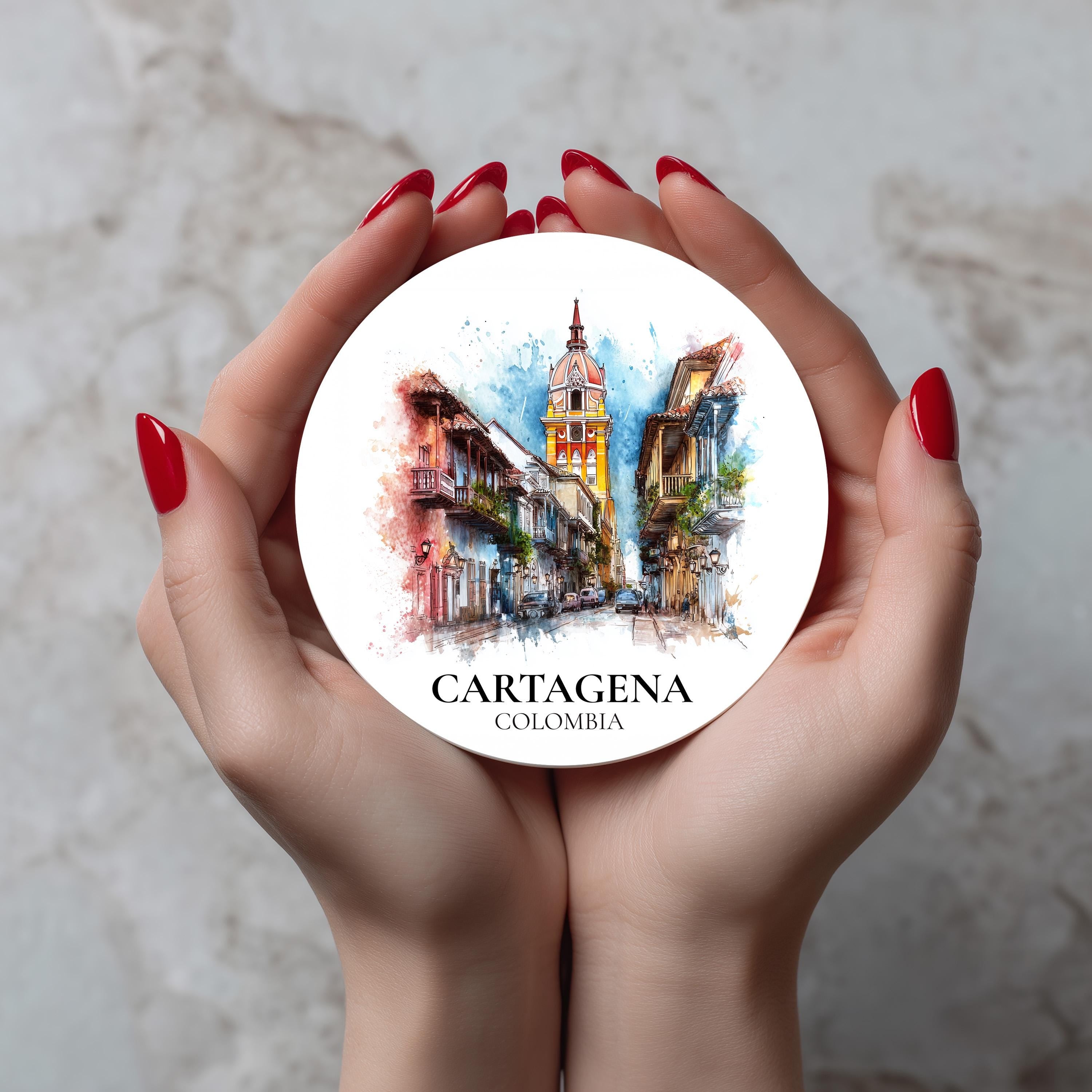 Cartagena Colombia Coaster, Watercolor Personalized Painting, Travel Gift Souvenir, Home Decor, Ceramic Set