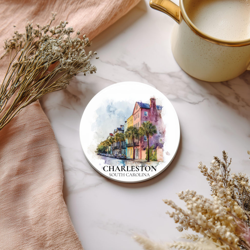 Charleston South Carolina Coaster, Watercolor Personalized Painting, Travel Gift Souvenir, Home Decor, Ceramic Set