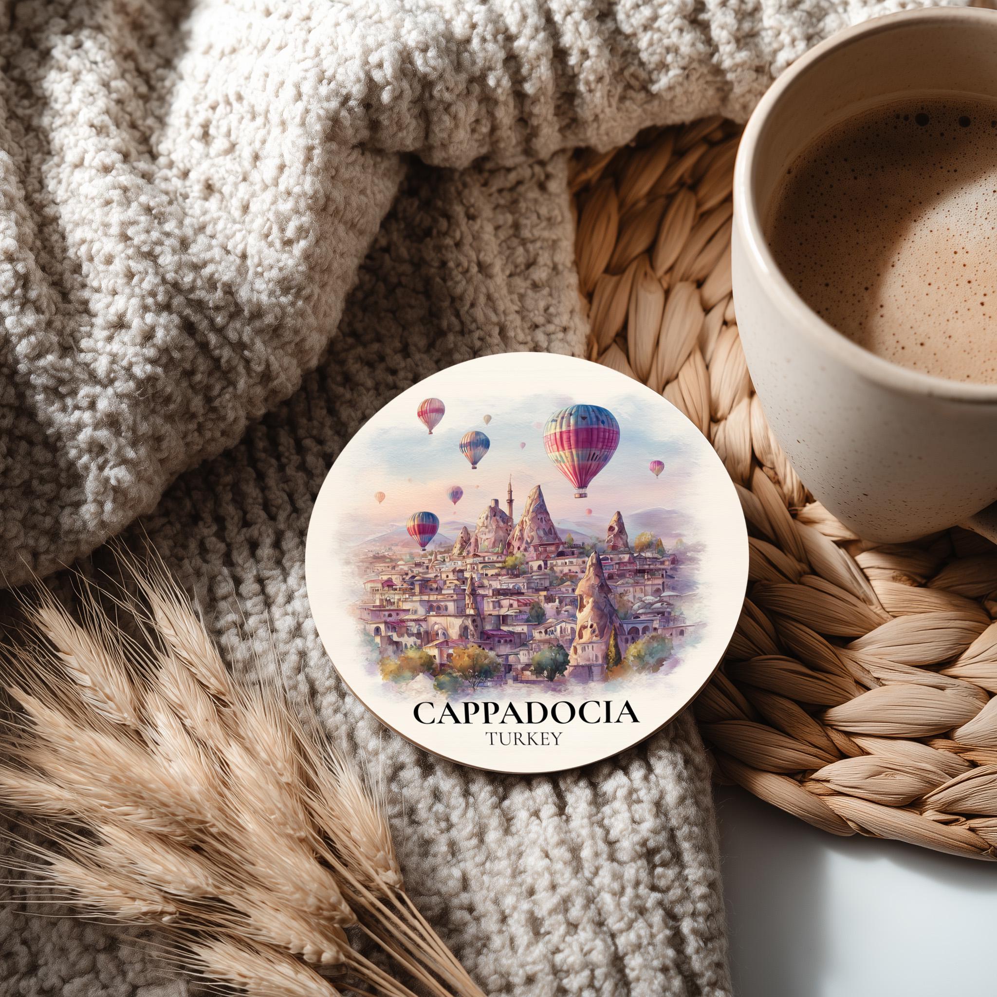 Cappadocia Turkey Coaster, Watercolor Personalized Painting, Travel Gift Souvenir, Home Decor, Ceramic Set