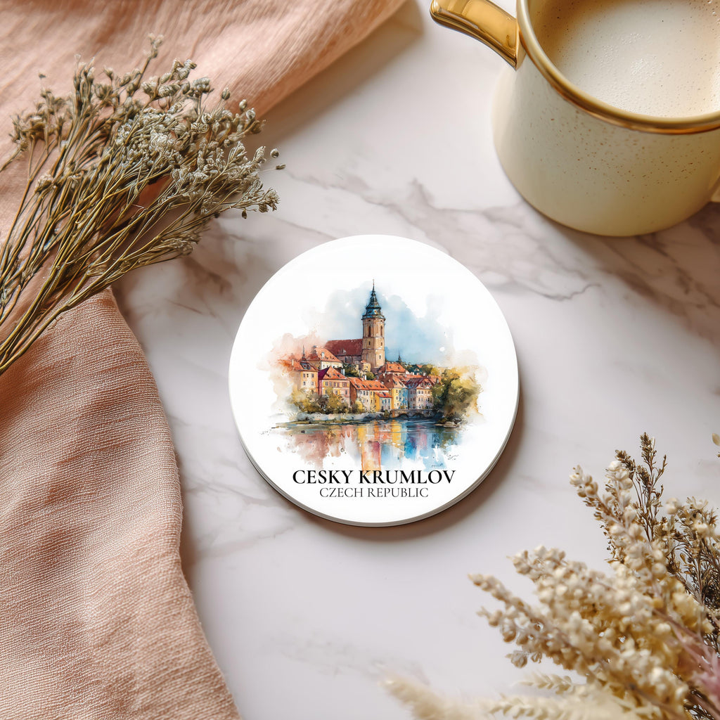 Cesky Krumlov Czech Republic Coaster, Watercolor Personalized Painting, Travel Gift Souvenir, Home Decor, Ceramic Set