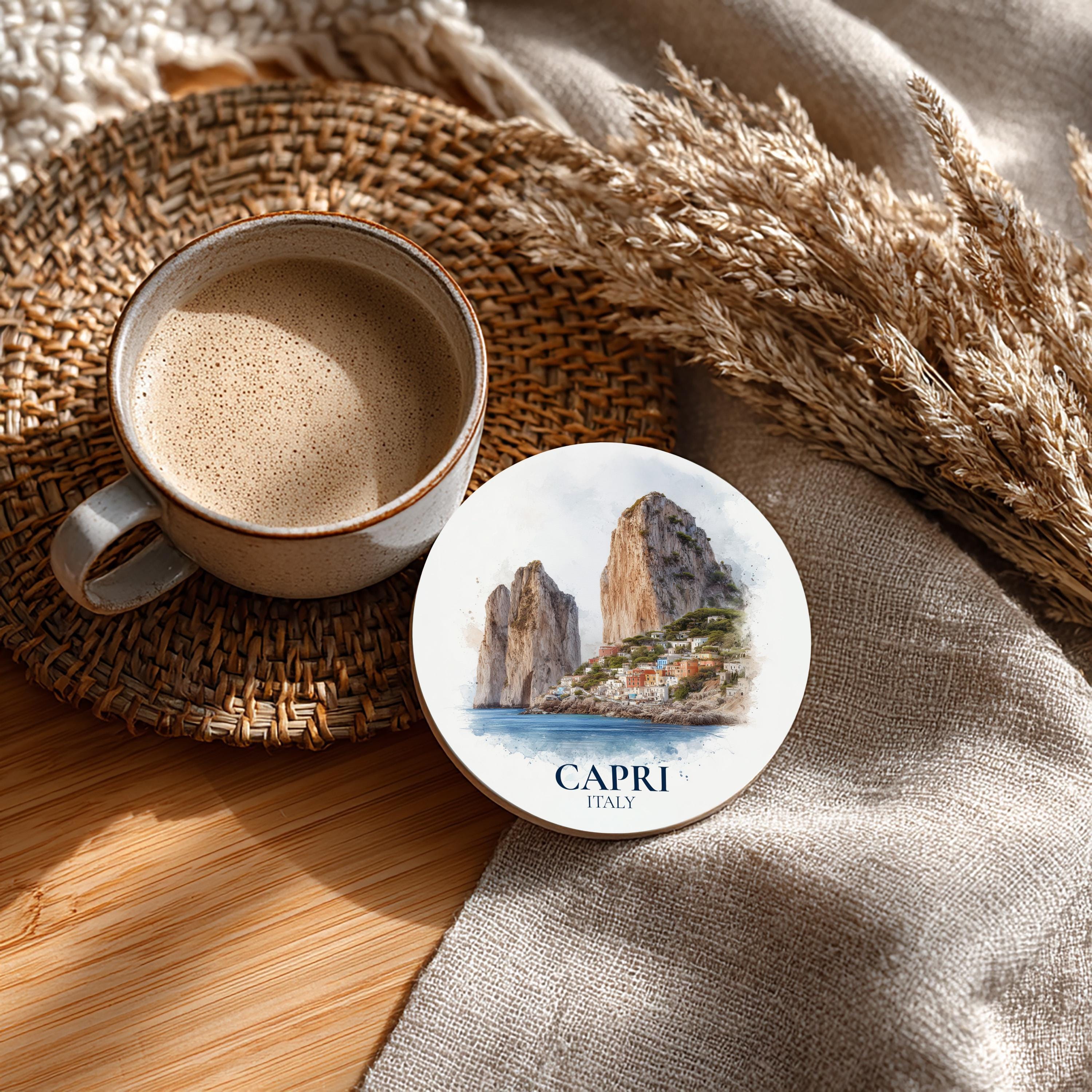 Capri Italy Coaster, Watercolor Personalized Painting, Travel Gift Souvenir, Home Decor, Ceramic Set
