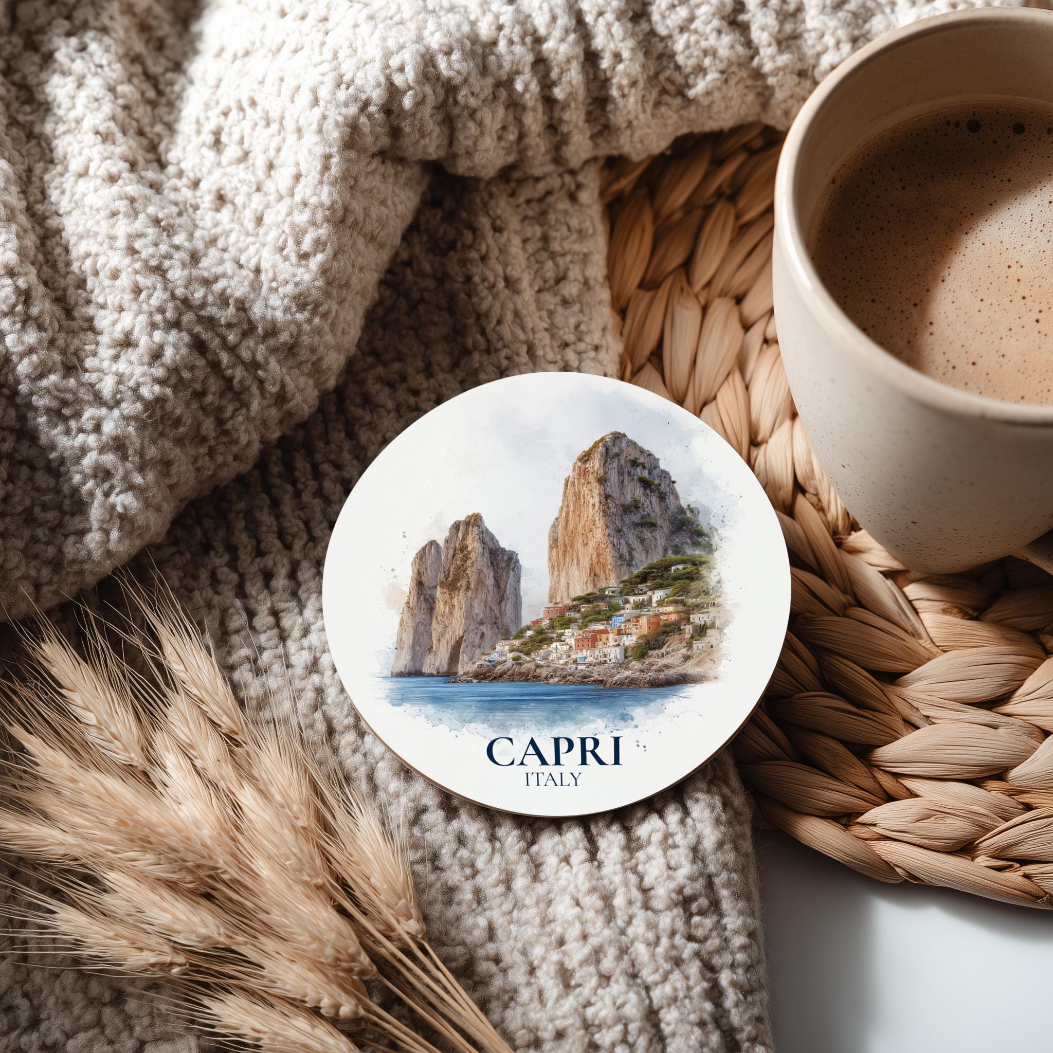 Capri Italy Coaster, Watercolor Personalized Painting, Travel Gift Souvenir, Home Decor, Ceramic Set