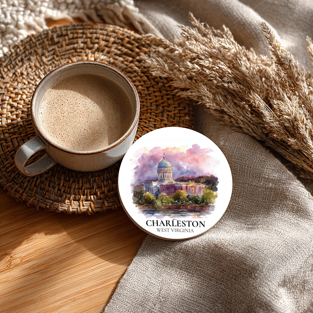 Charleston West Virginia Coaster, Watercolor Personalized Painting, Travel Gift Souvenir, Home Decor, Ceramic Set
