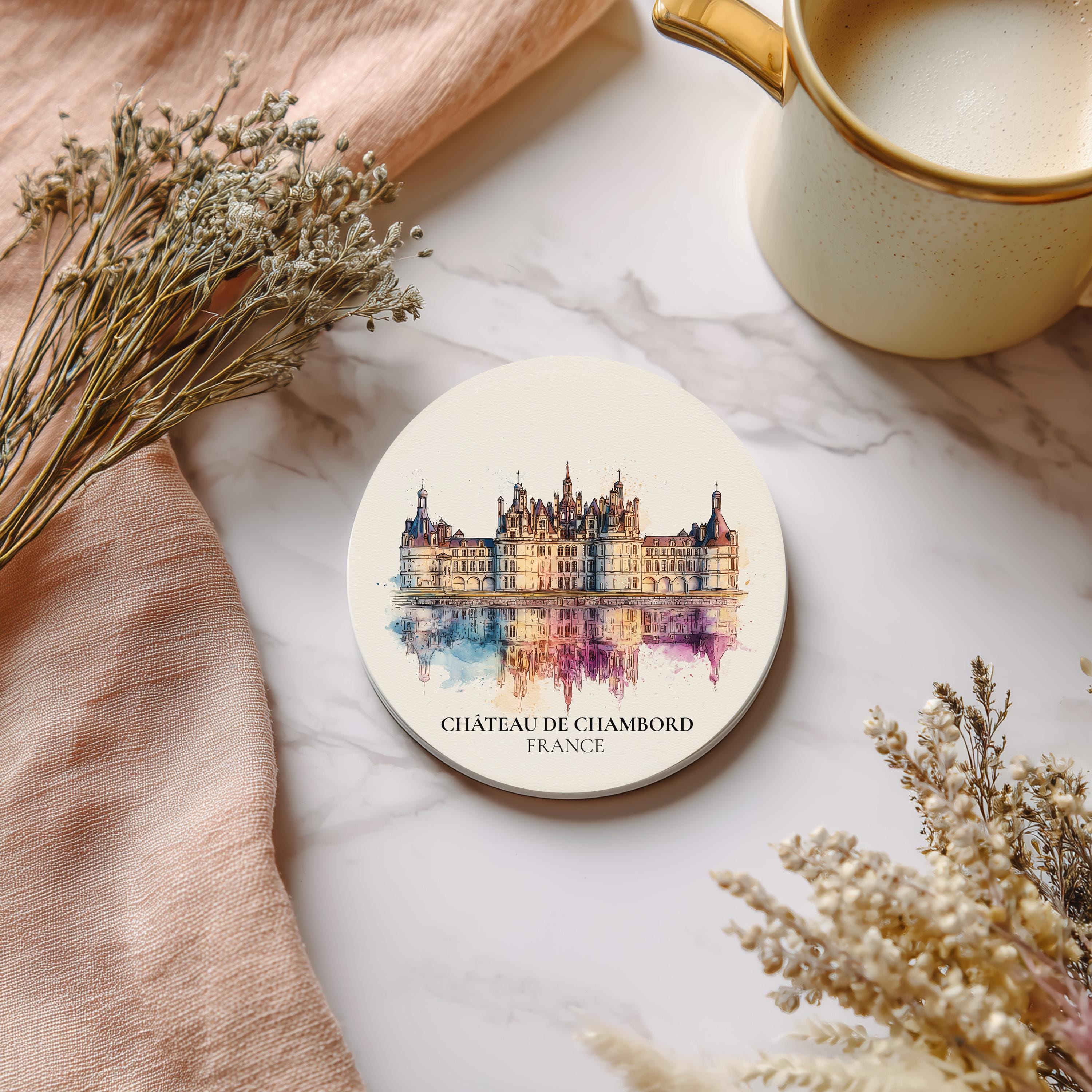 Chateau de Chambord France Coaster, Watercolor Personalized Painting, Travel Gift Souvenir, Home Decor, Ceramic Set
