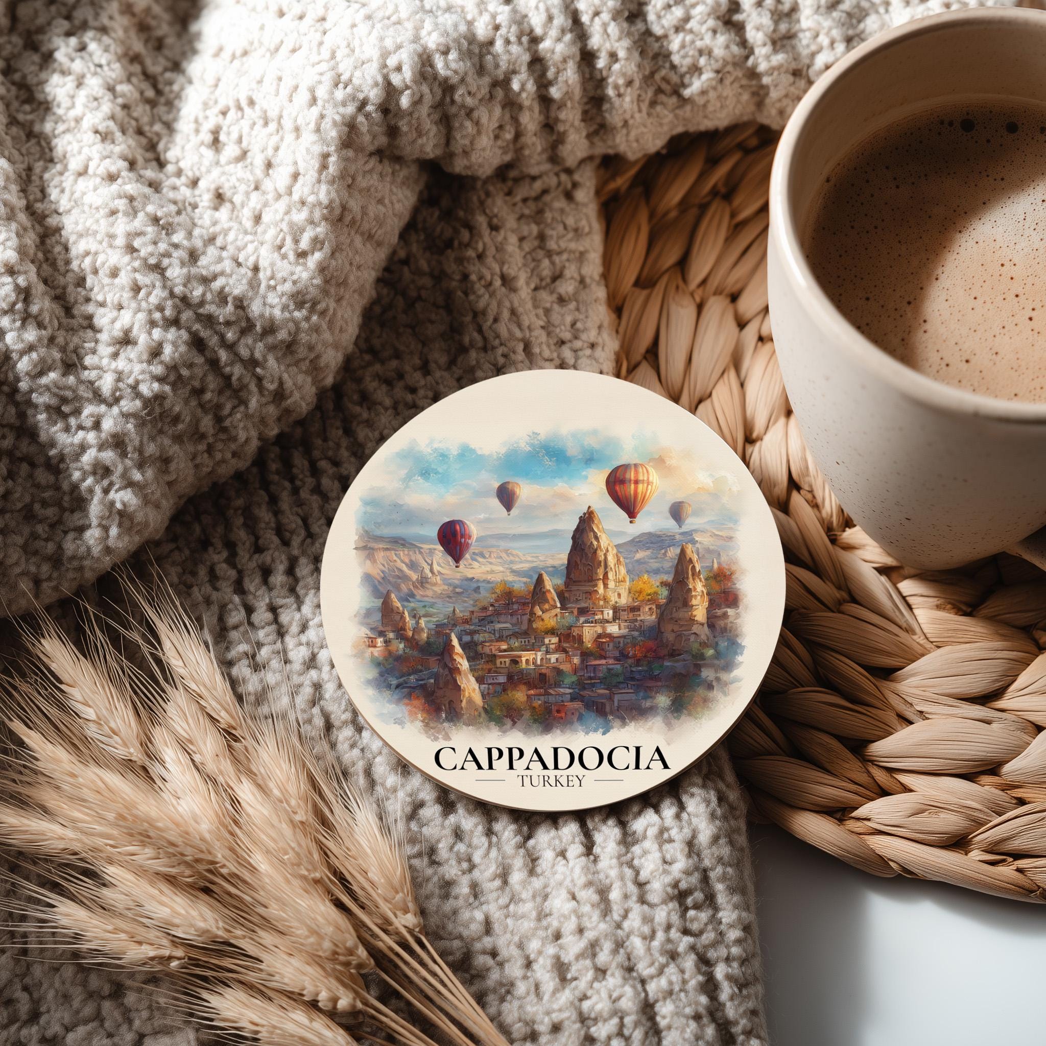 Cappadocia Turkey2 Coaster, Watercolor Personalized Painting, Travel Gift Souvenir, Home Decor, Ceramic Set