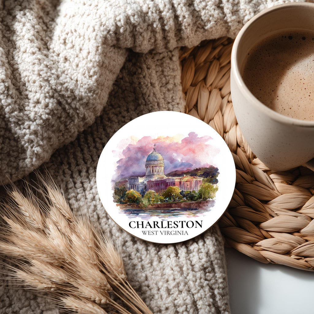 Charleston West Virginia Coaster, Watercolor Personalized Painting, Travel Gift Souvenir, Home Decor, Ceramic Set