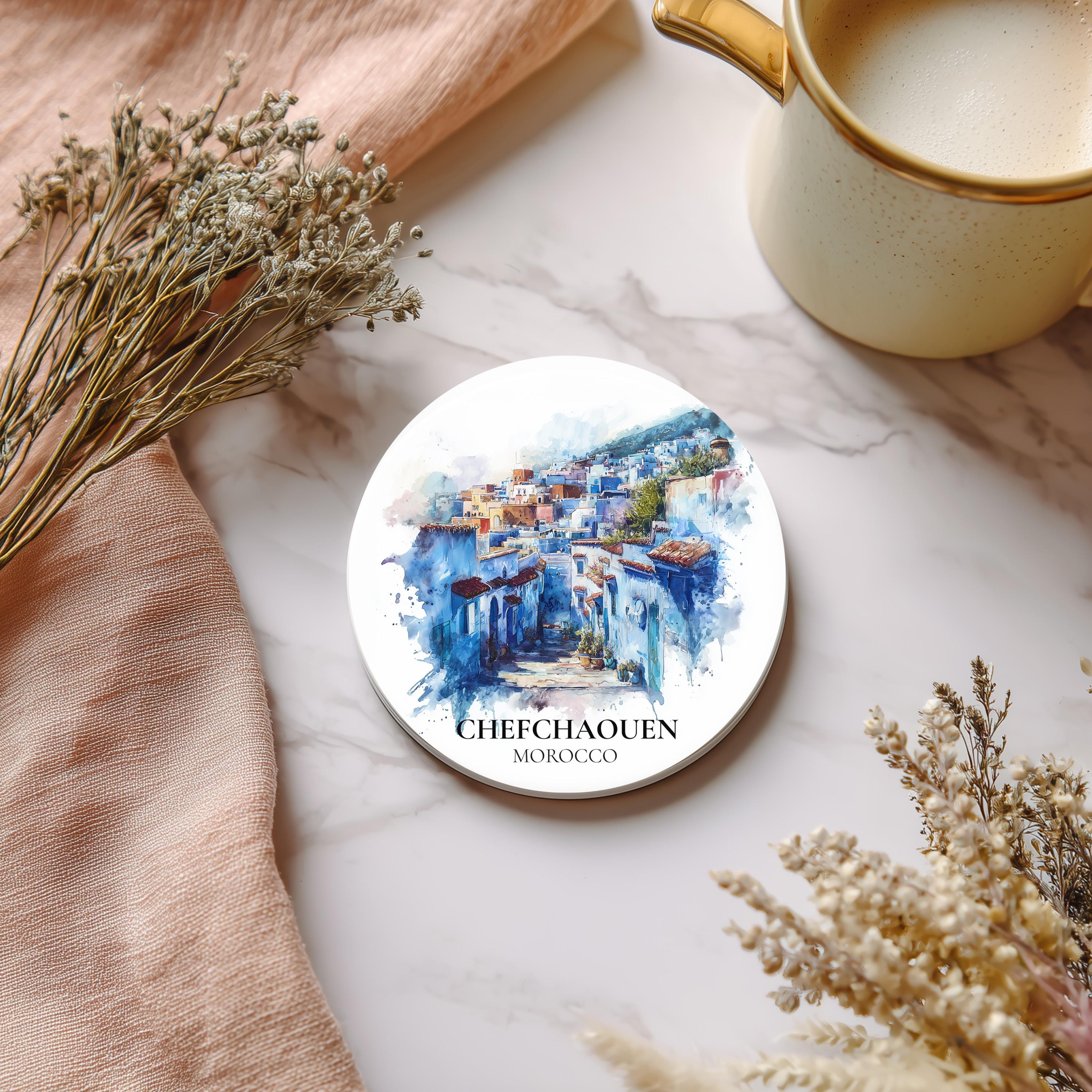 Chefchaouen Morocco Coaster, Watercolor Personalized Painting, Travel Gift Souvenir, Home Decor, Ceramic Set