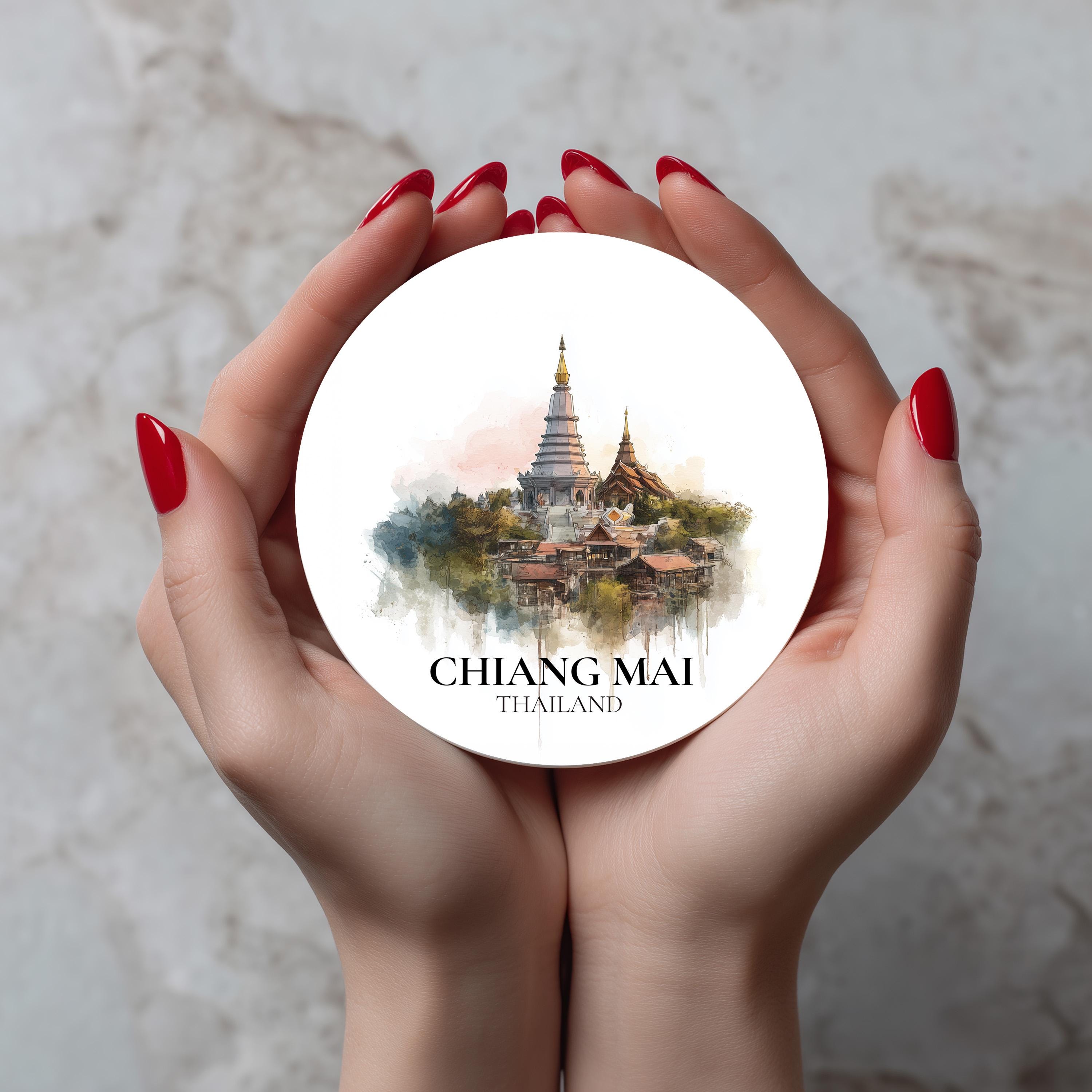 Chiang Mai Thailand Coaster, Watercolor Personalized Painting, Travel Gift Souvenir, Home Decor, Ceramic Set