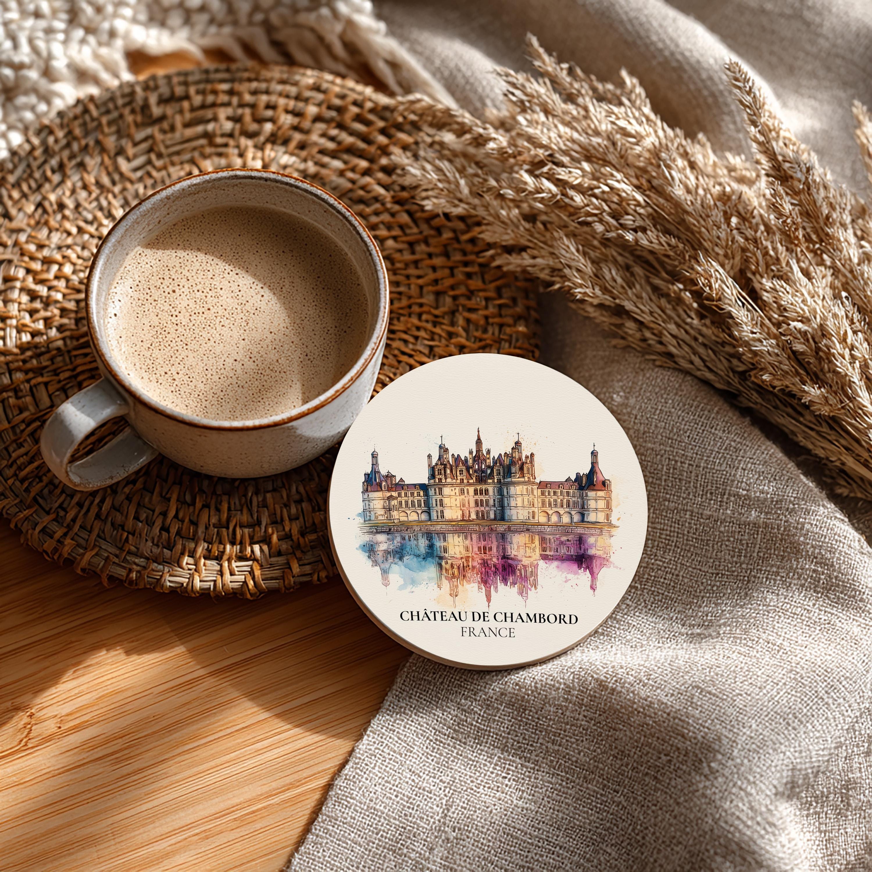 Chateau de Chambord France Coaster, Watercolor Personalized Painting, Travel Gift Souvenir, Home Decor, Ceramic Set