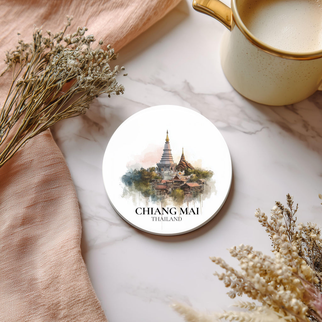 Chiang Mai Thailand Coaster, Watercolor Personalized Painting, Travel Gift Souvenir, Home Decor, Ceramic Set