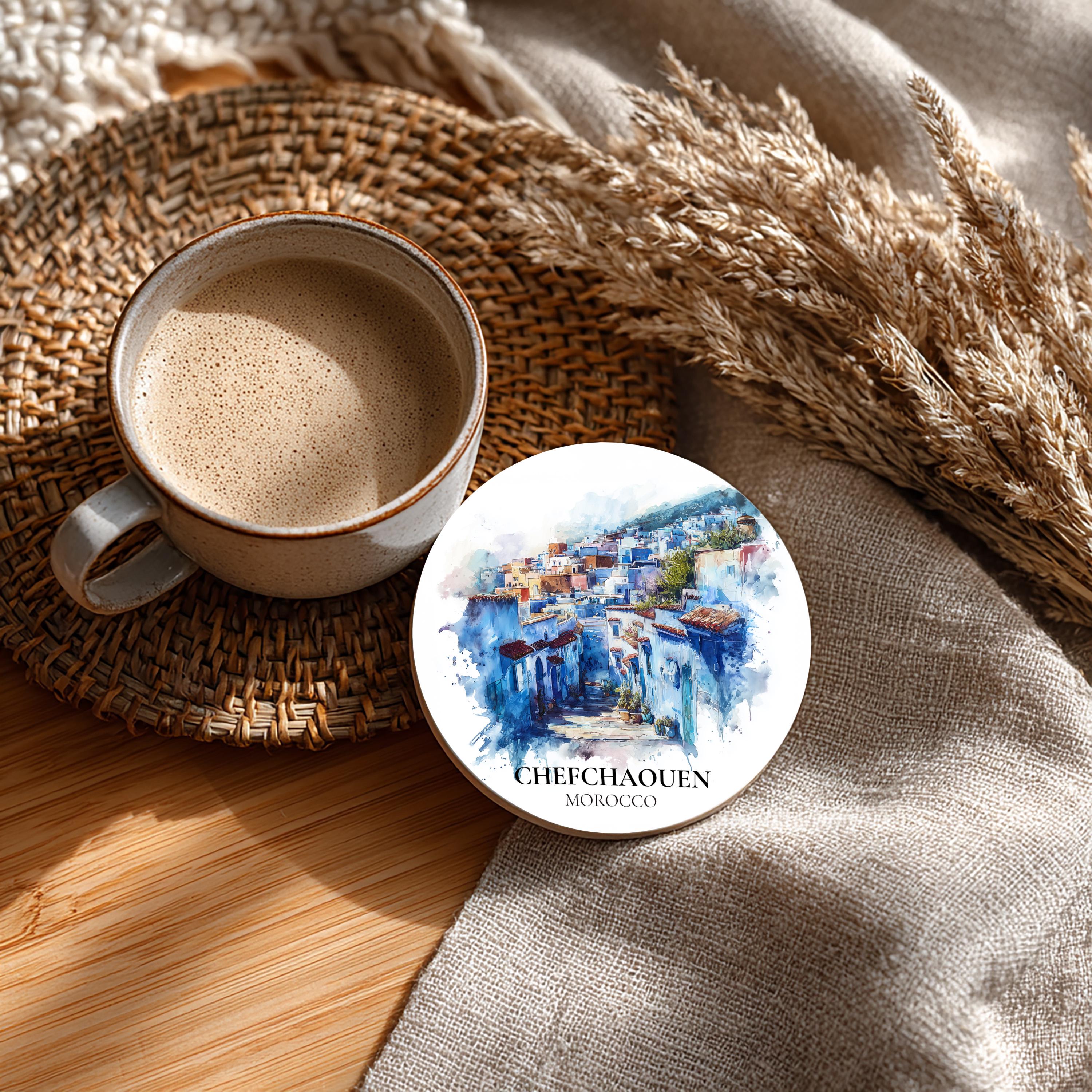 Chefchaouen Morocco Coaster, Watercolor Personalized Painting, Travel Gift Souvenir, Home Decor, Ceramic Set
