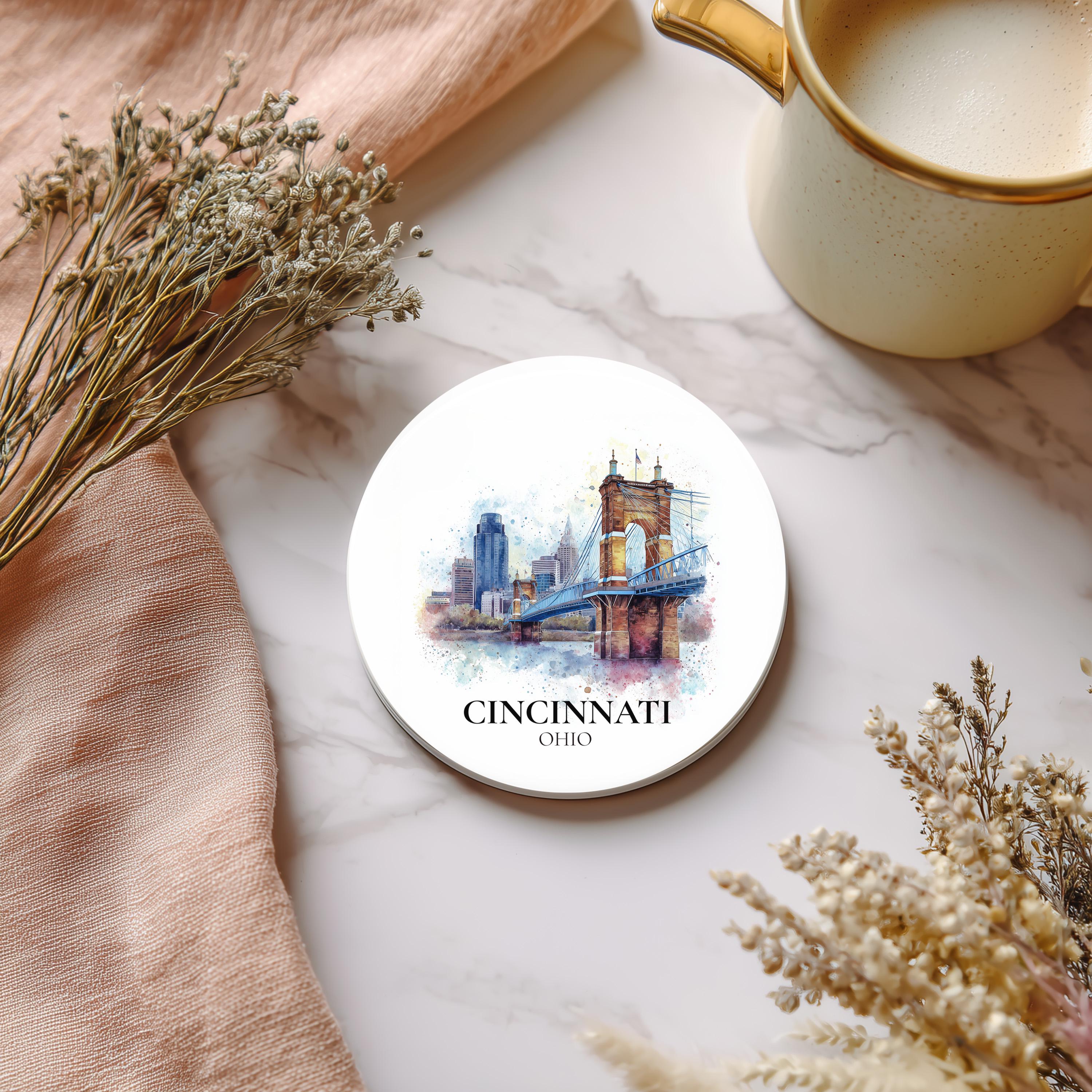 Cincinnati Ohio Coaster, Watercolor Personalized Painting, Travel Gift Souvenir, Home Decor, Ceramic Set