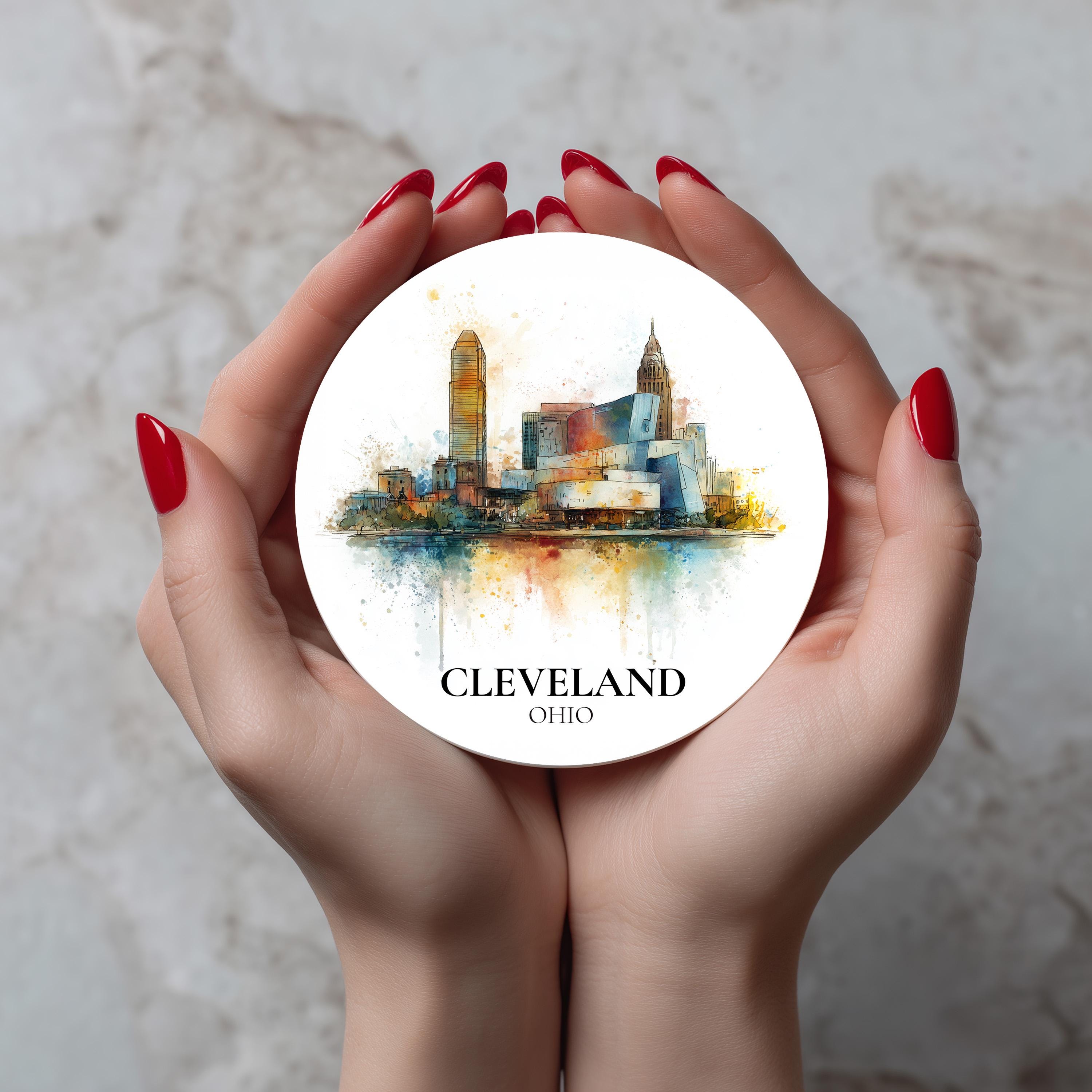 Cleveland Ohio2 Coaster, Watercolor Personalized Painting, Travel Gift Souvenir, Home Decor, Ceramic Set