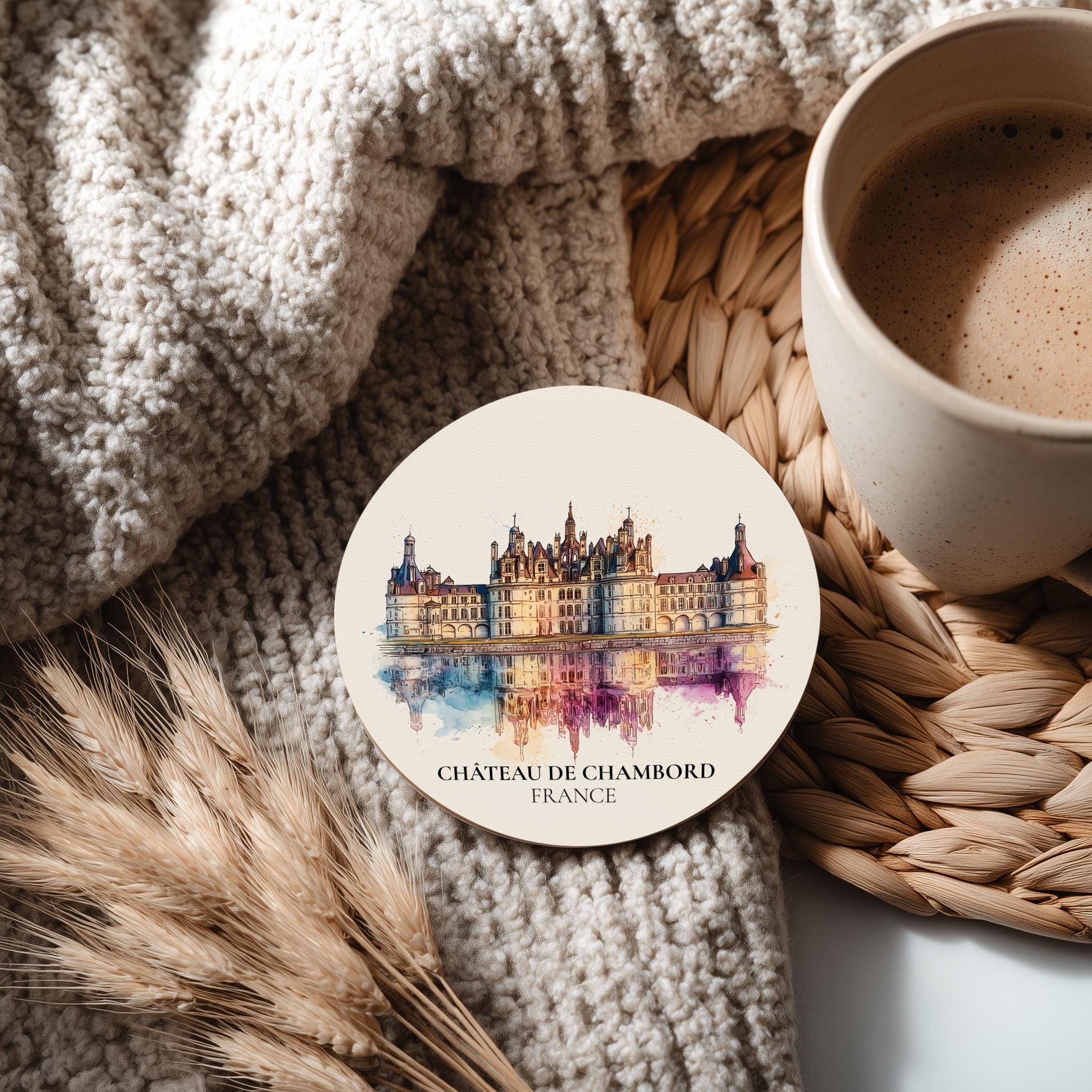 Chateau de Chambord France Coaster, Watercolor Personalized Painting, Travel Gift Souvenir, Home Decor, Ceramic Set