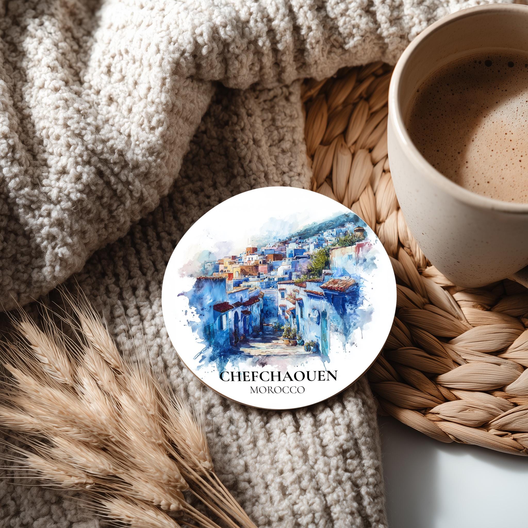 Chefchaouen Morocco Coaster, Watercolor Personalized Painting, Travel Gift Souvenir, Home Decor, Ceramic Set