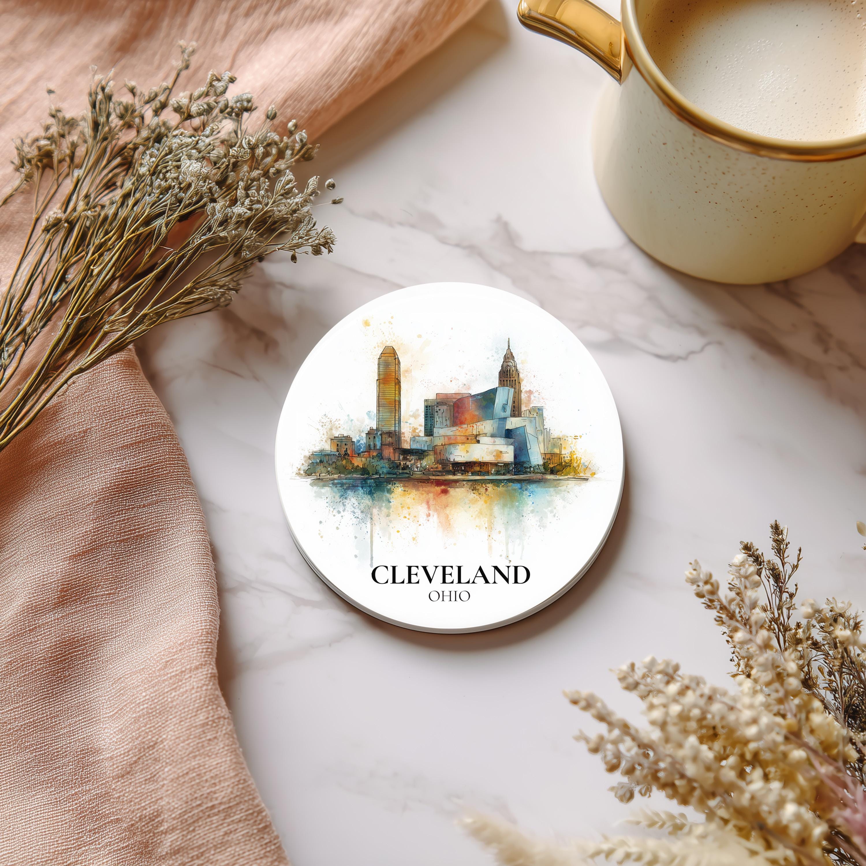 Cleveland Ohio2 Coaster, Watercolor Personalized Painting, Travel Gift Souvenir, Home Decor, Ceramic Set