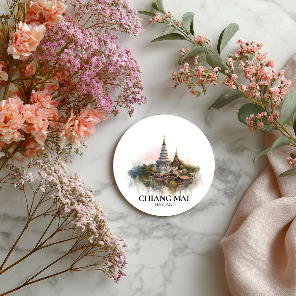 Chiang Mai Thailand Coaster, Watercolor Personalized Painting, Travel Gift Souvenir, Home Decor, Ceramic Set