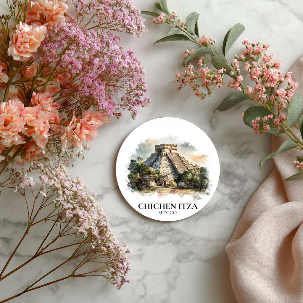 Chichen Itza Mexico Coaster, Watercolor Personalized Painting, Travel Gift Souvenir, Home Decor, Ceramic Set